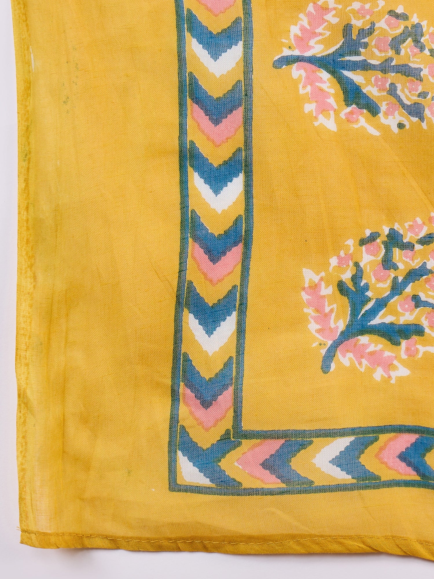 Yellow Blue Zig Zag Print Border Cotton Dupatta