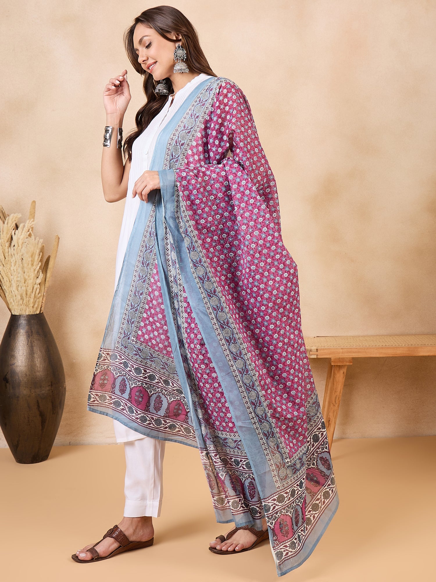 Teal Dull Pink Chintz Print Cotton Dupatta