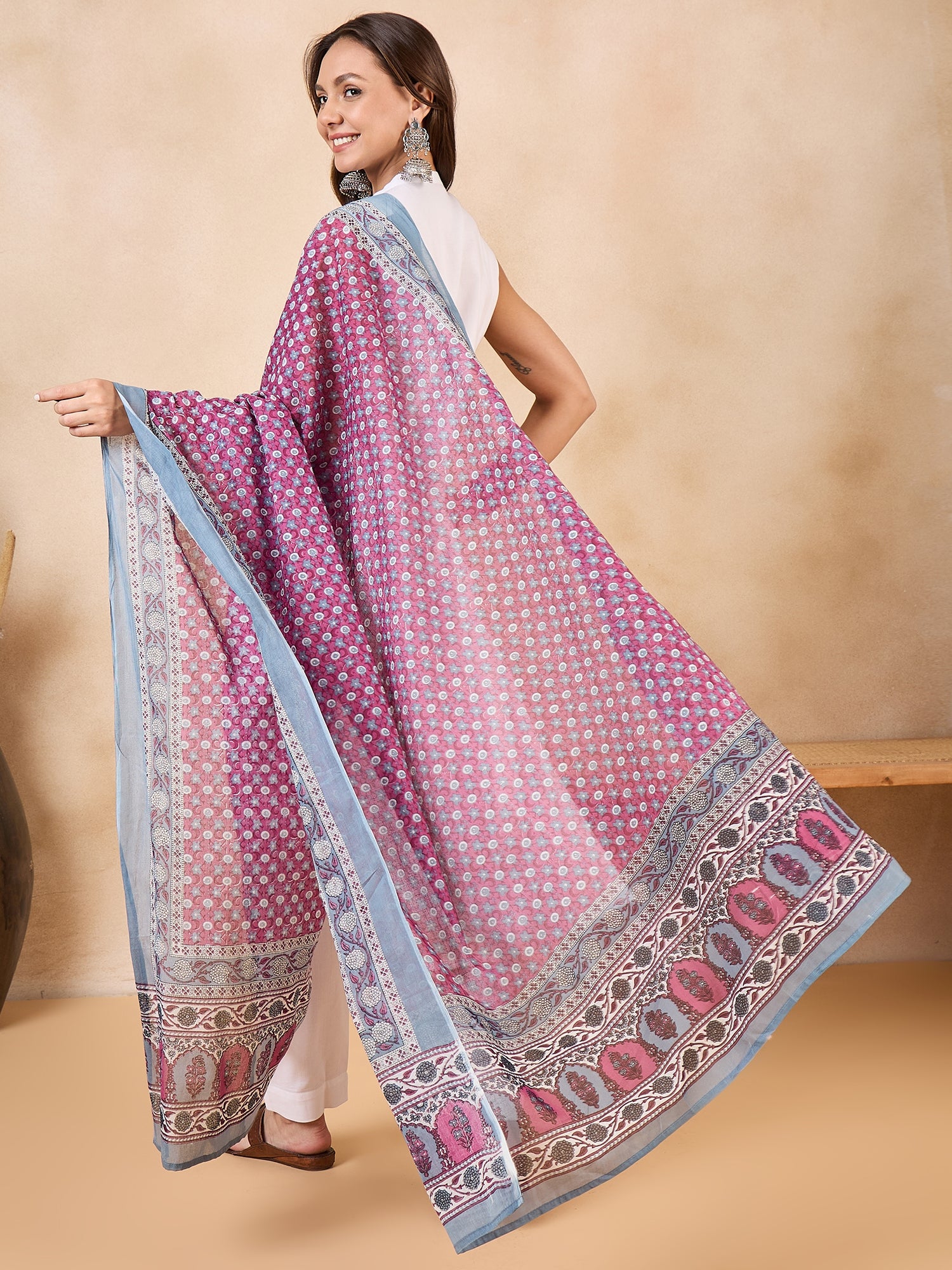 Teal Dull Pink Chintz Print Cotton Dupatta