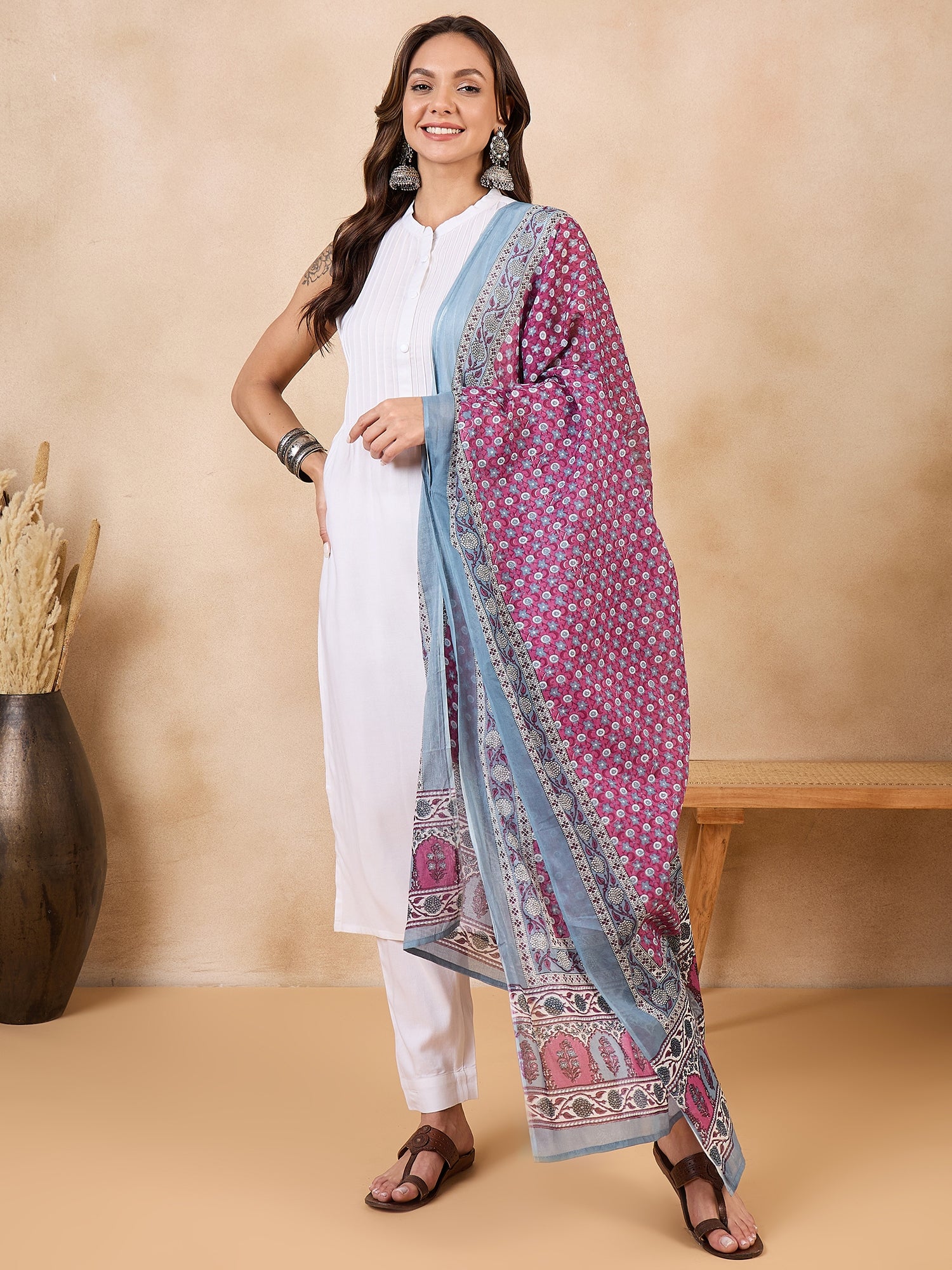 Teal Dull Pink Chintz Print Cotton Dupatta