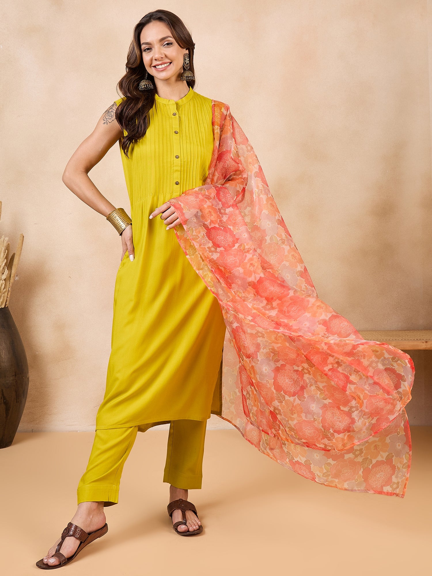 Orange Big Floral Organza Dupatta