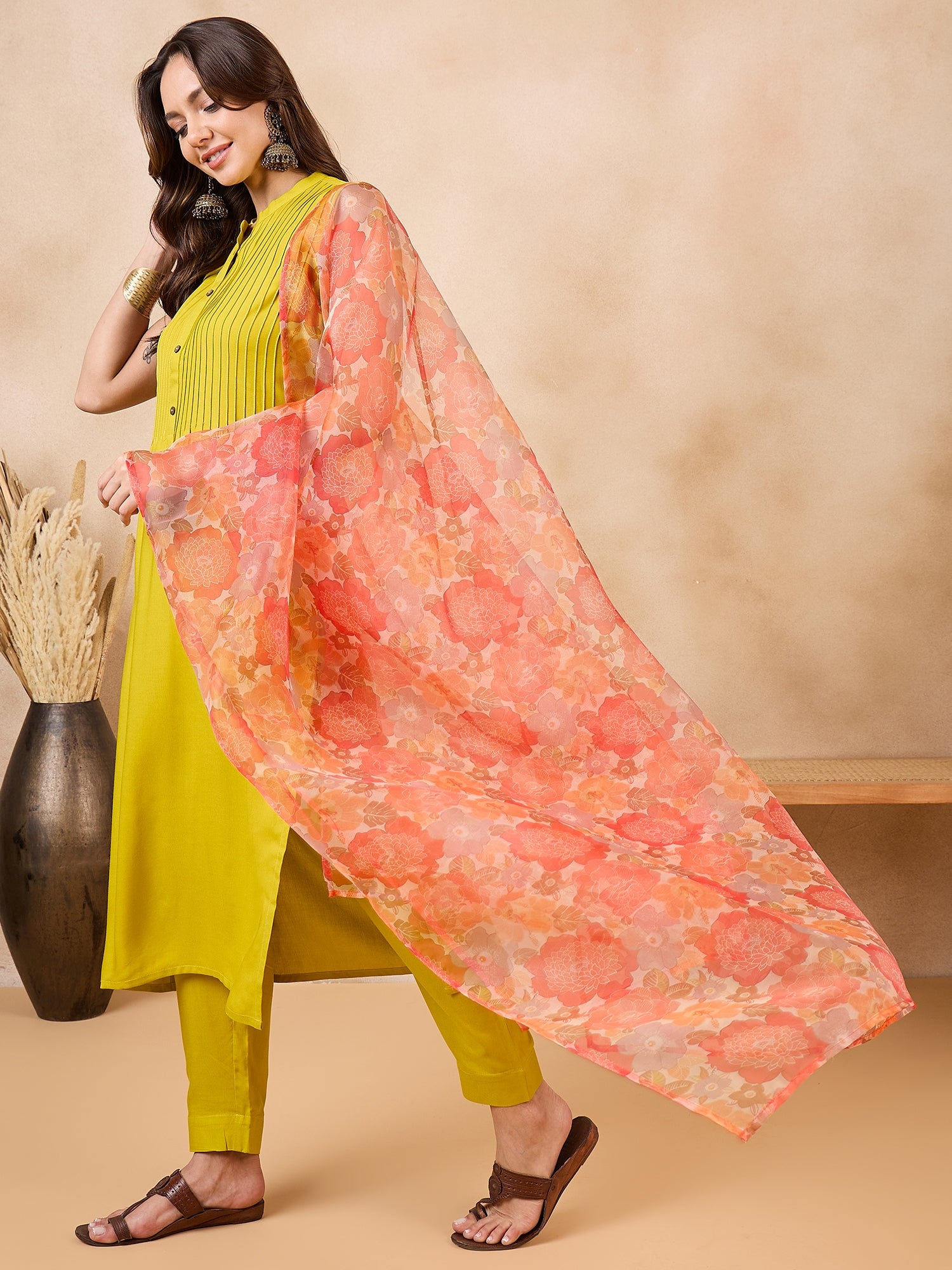 Orange Big Floral Organza Dupatta