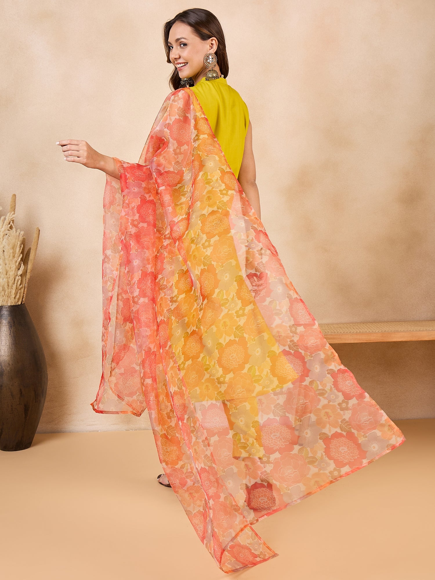 Orange Big Floral Organza Dupatta