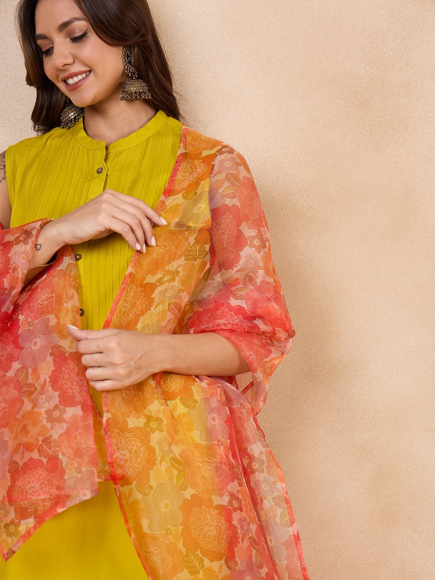 Orange Big Floral Organza Dupatta