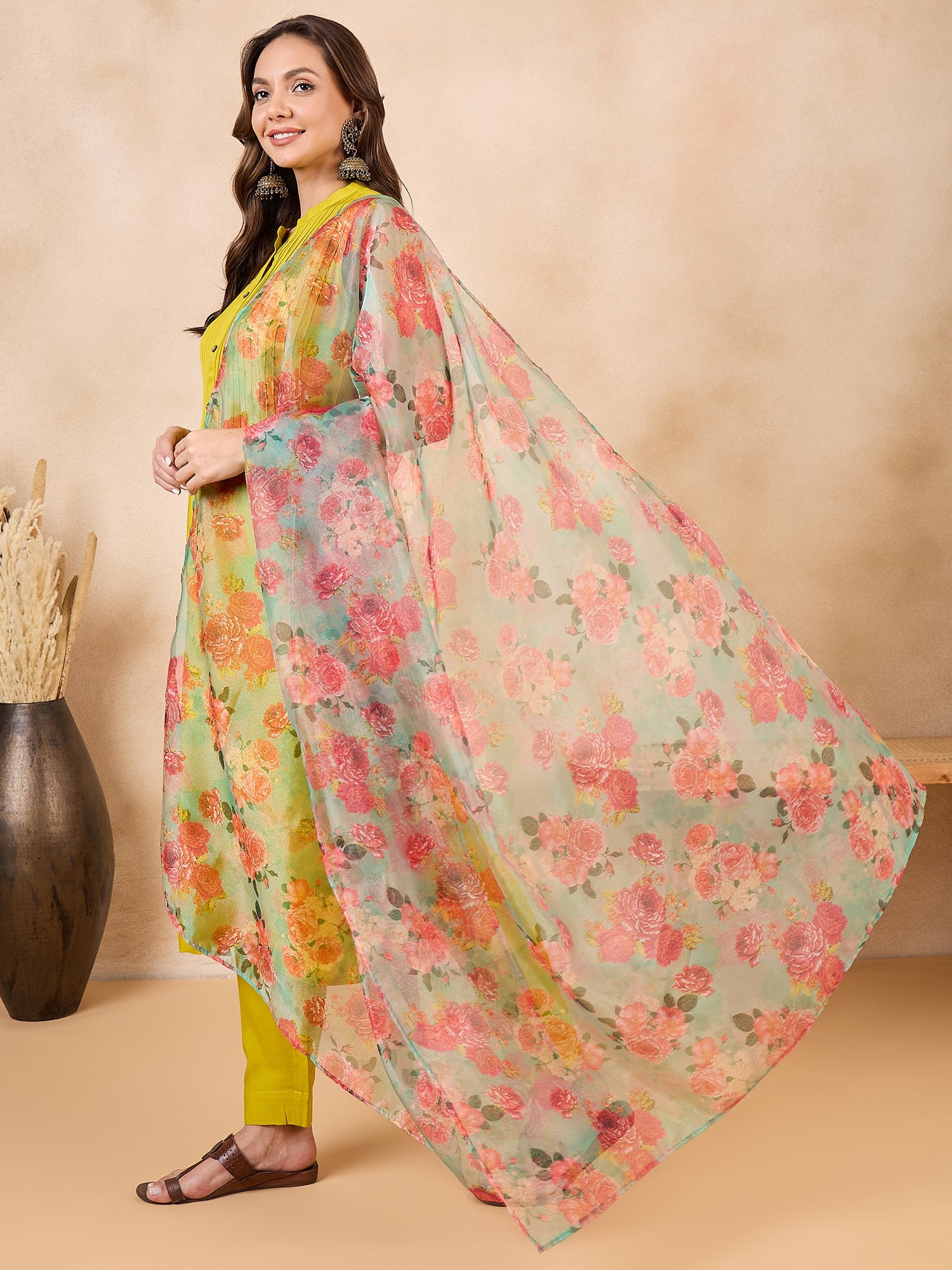 Pear Green Pink Floral Organza Dupatta