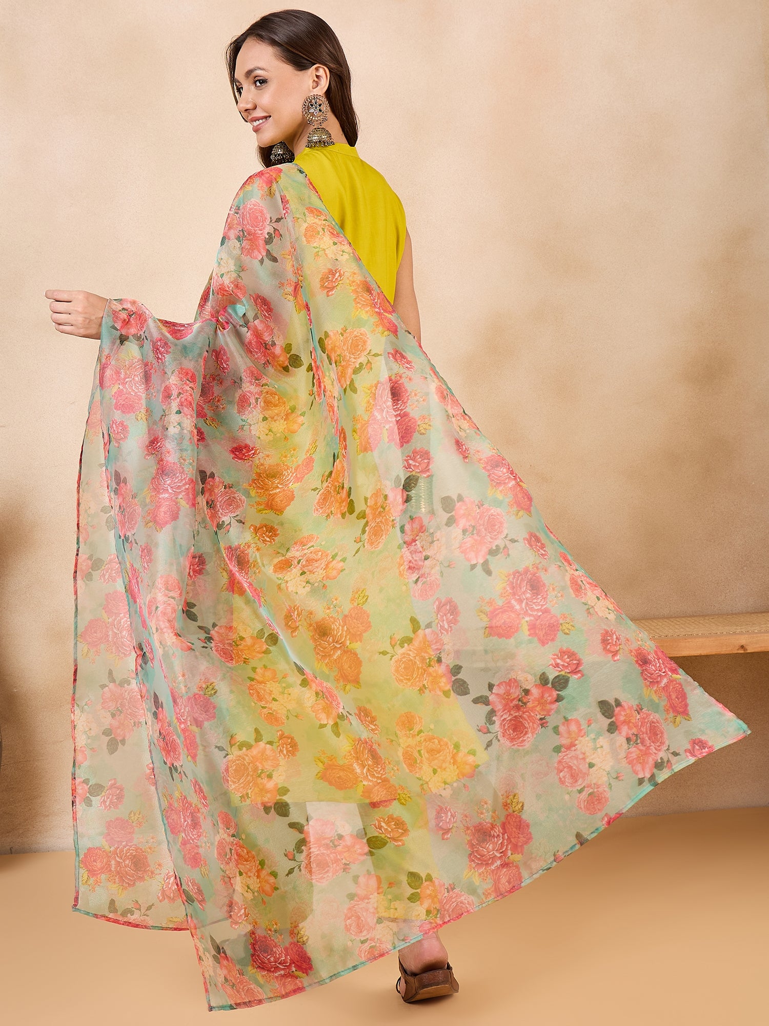 Pear Green Pink Floral Organza Dupatta