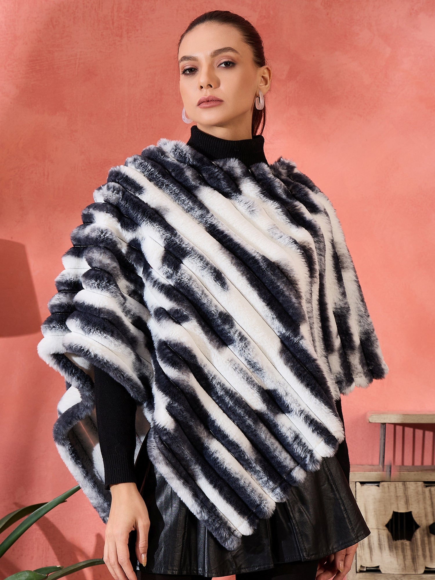 Black White Dye Rabbit Faux Fur Poncho