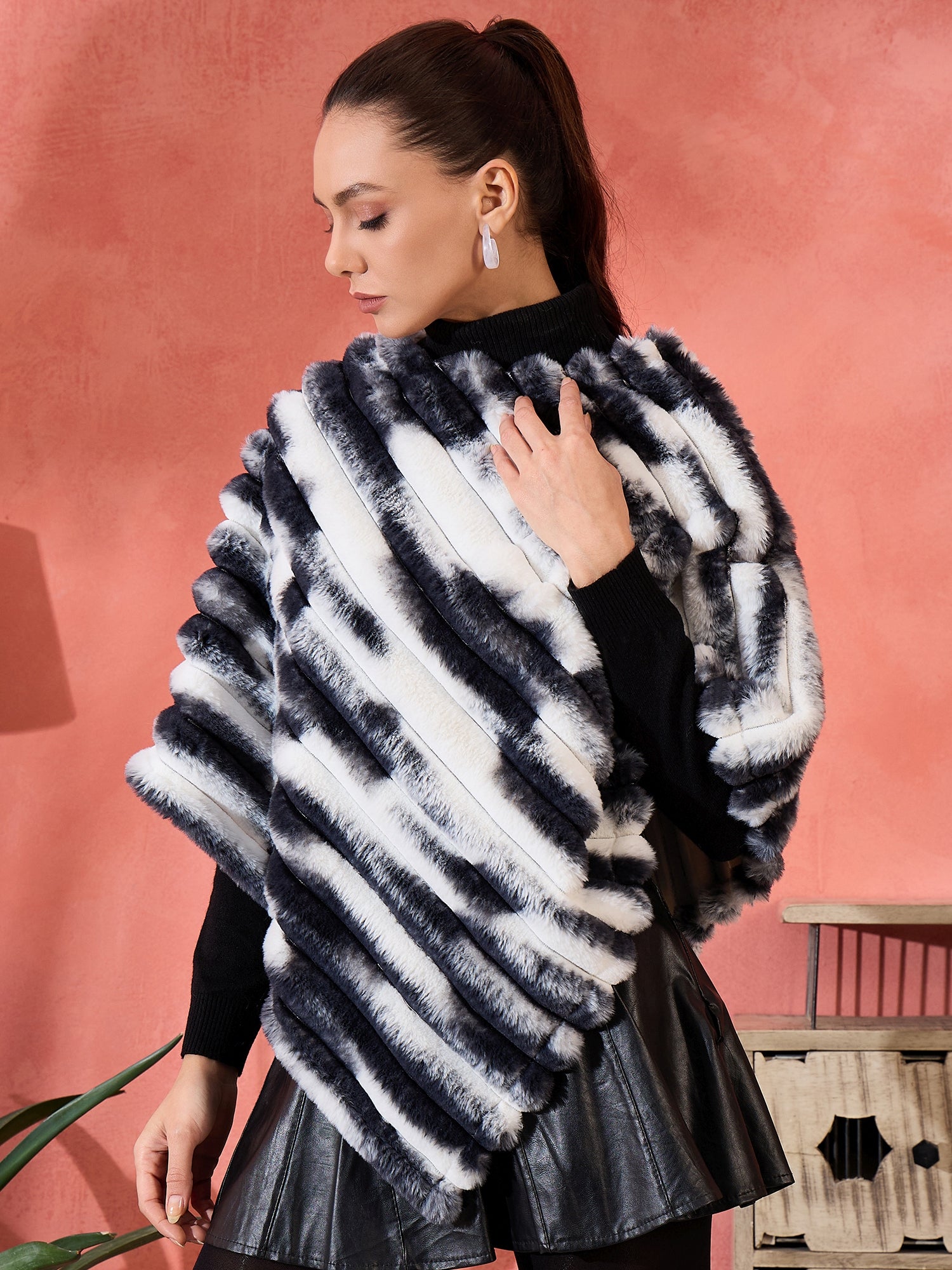 Black White Dye Rabbit Faux Fur Poncho