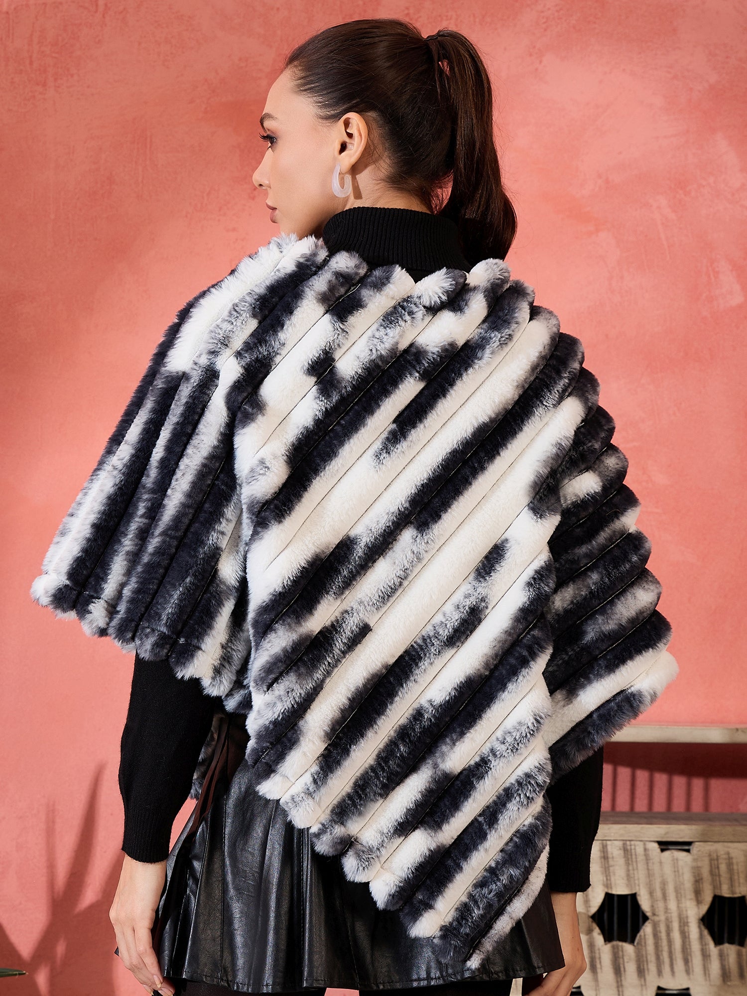 Black White Dye Rabbit Faux Fur Poncho