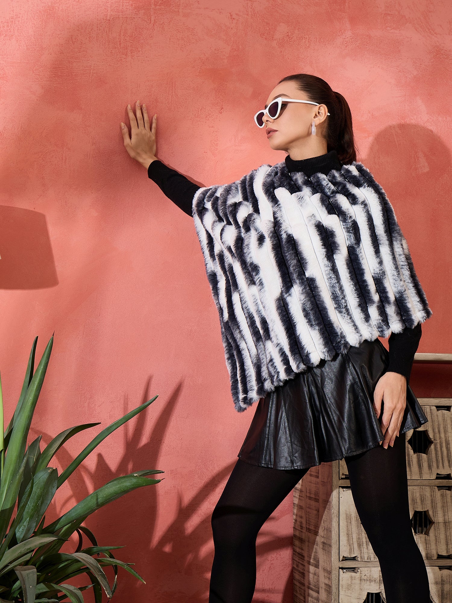 Black White Dye Rabbit Faux Fur Poncho