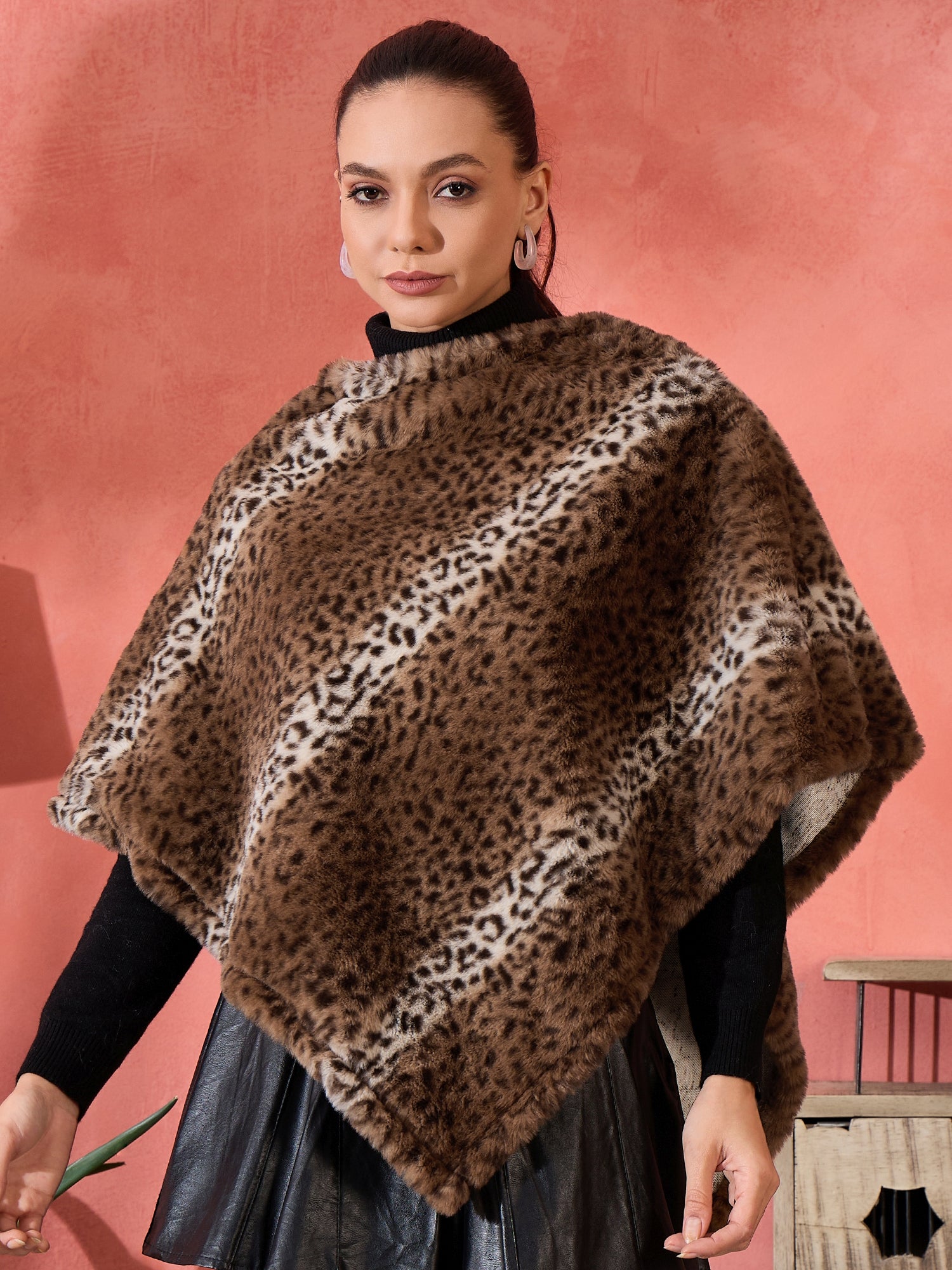 Brown Leopard Rabbit Fur Poncho