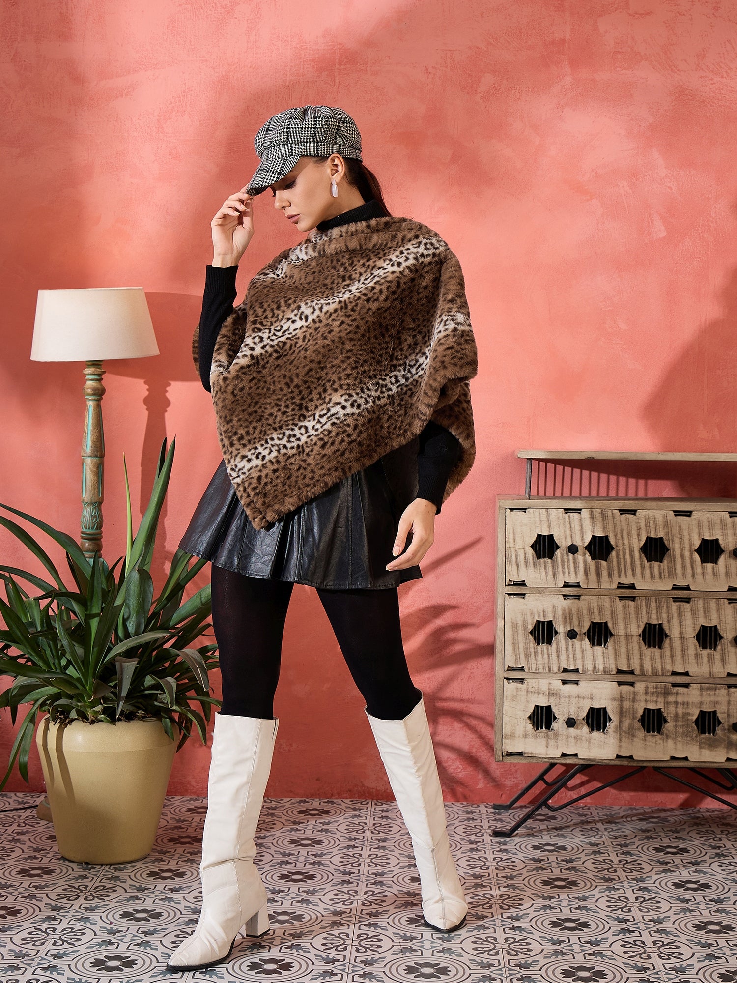 Brown Leopard Rabbit Fur Poncho