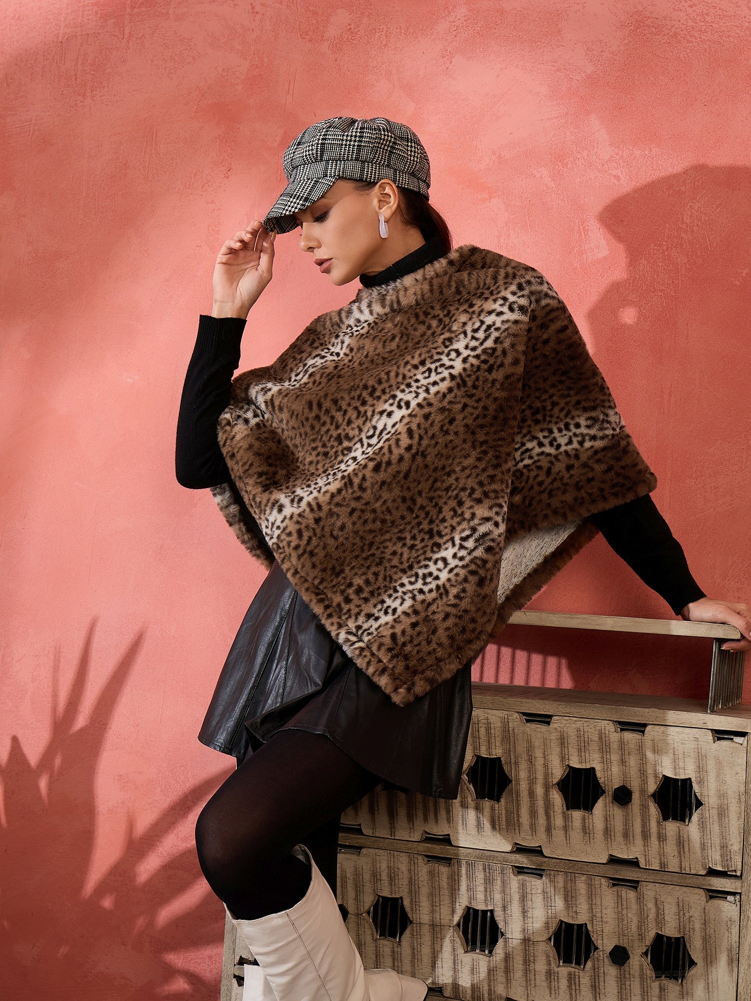 Brown Leopard Rabbit Fur Poncho