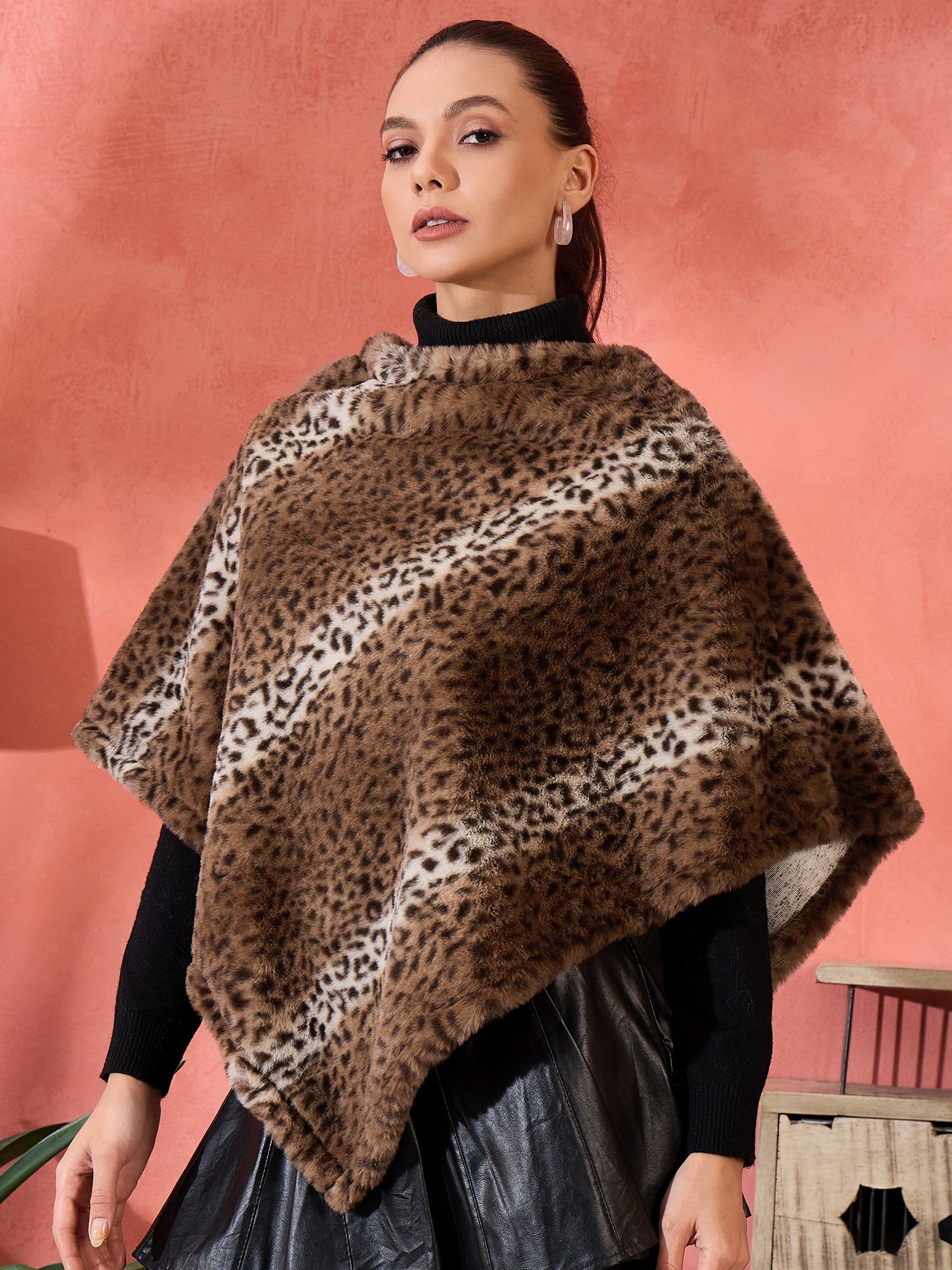 Brown Leopard Rabbit Fur Poncho