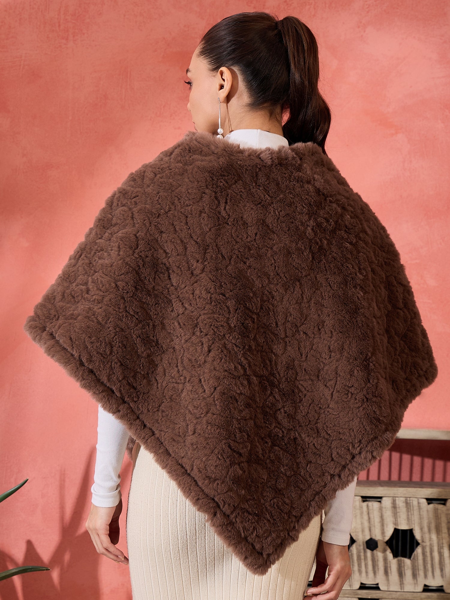 Dull Brown Rabbit Fur Poncho