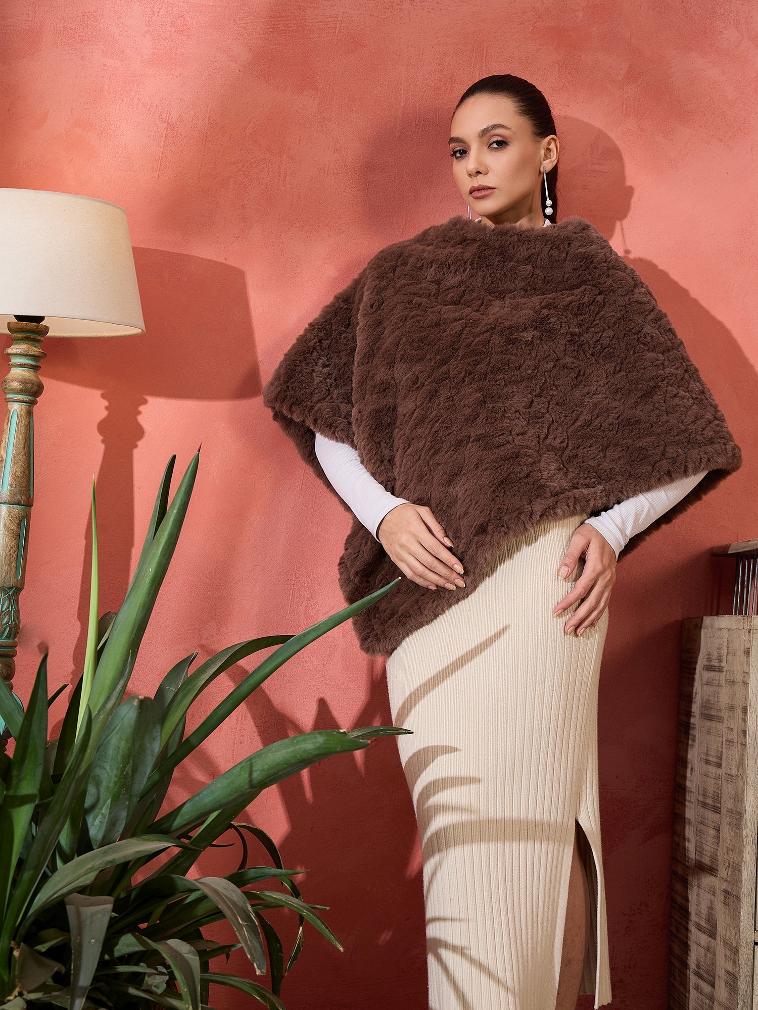 Dull Brown Rabbit Fur Poncho