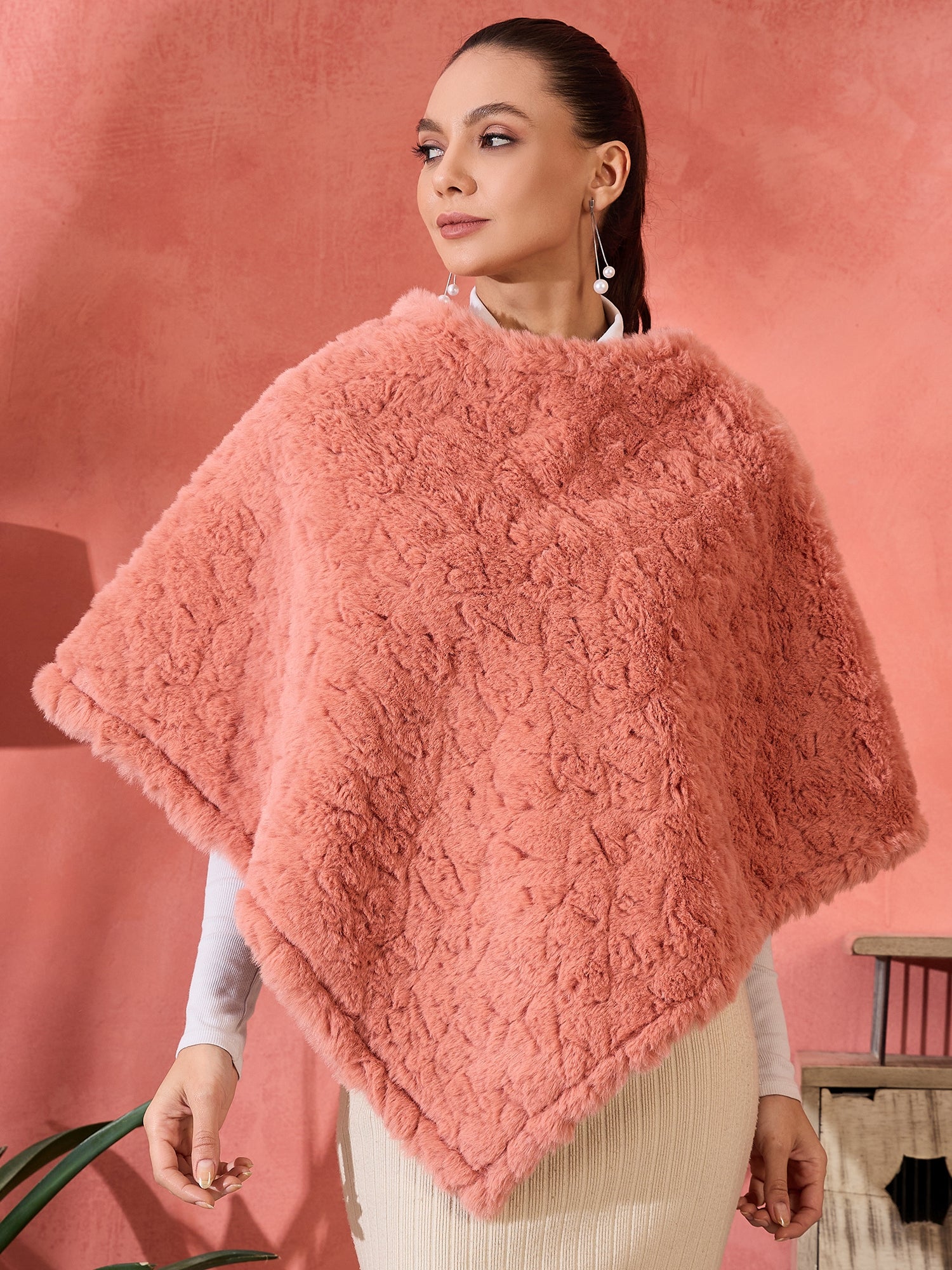 Coral Rabbit Fur Poncho