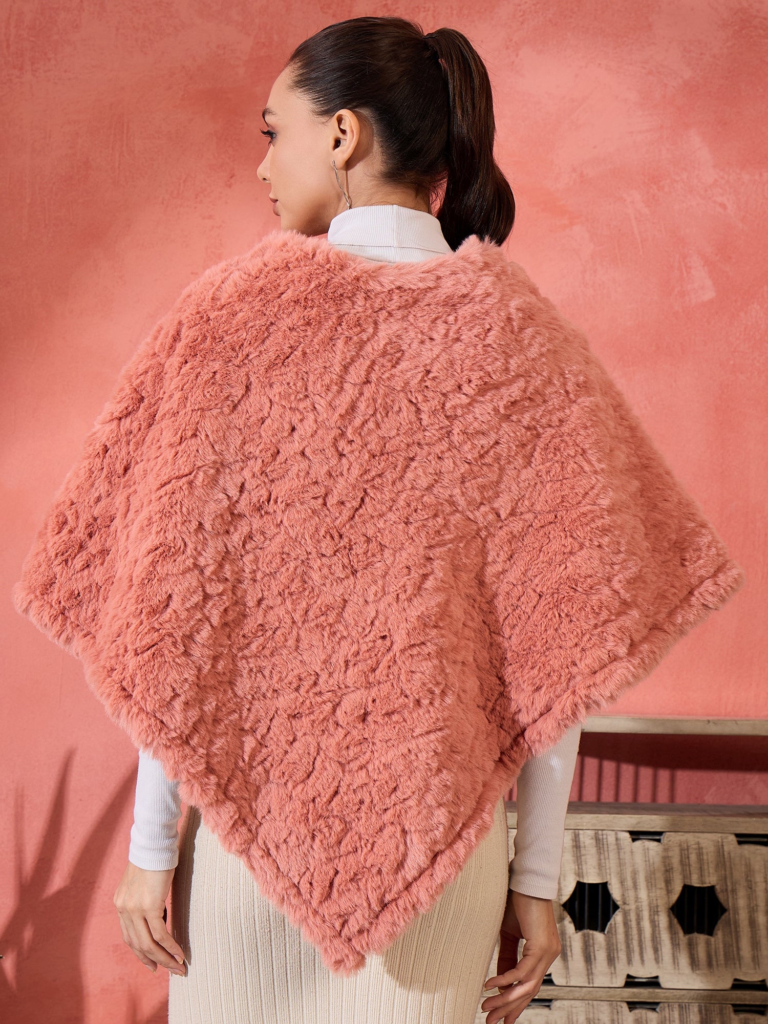 Coral Rabbit Fur Poncho