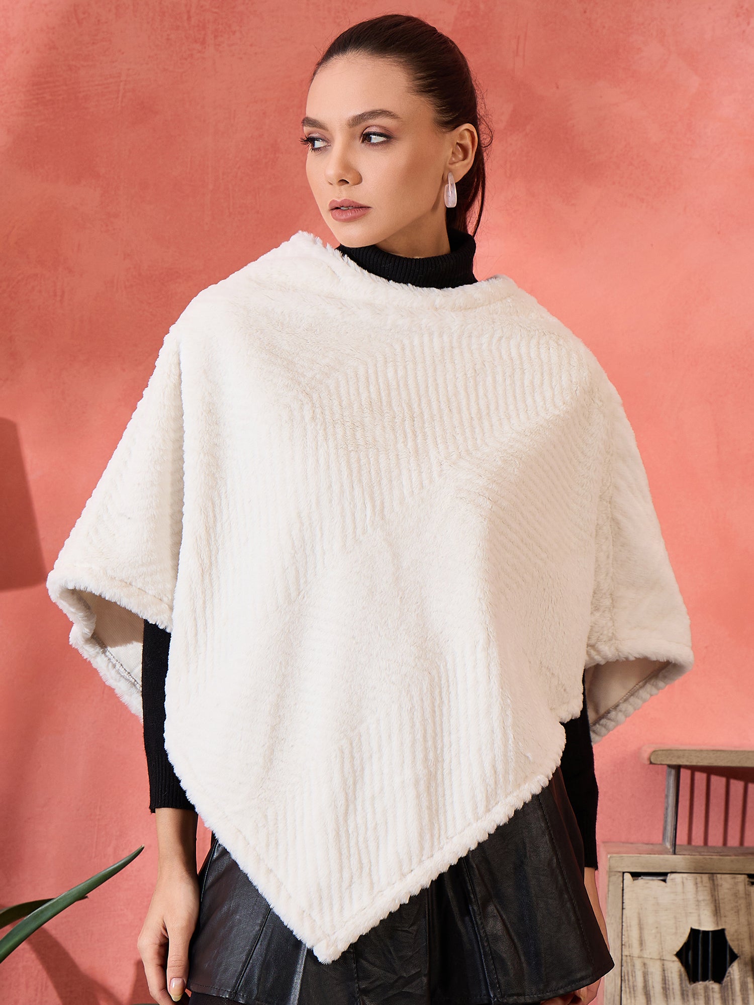 Cream Striped Rabbit Fur Poncho