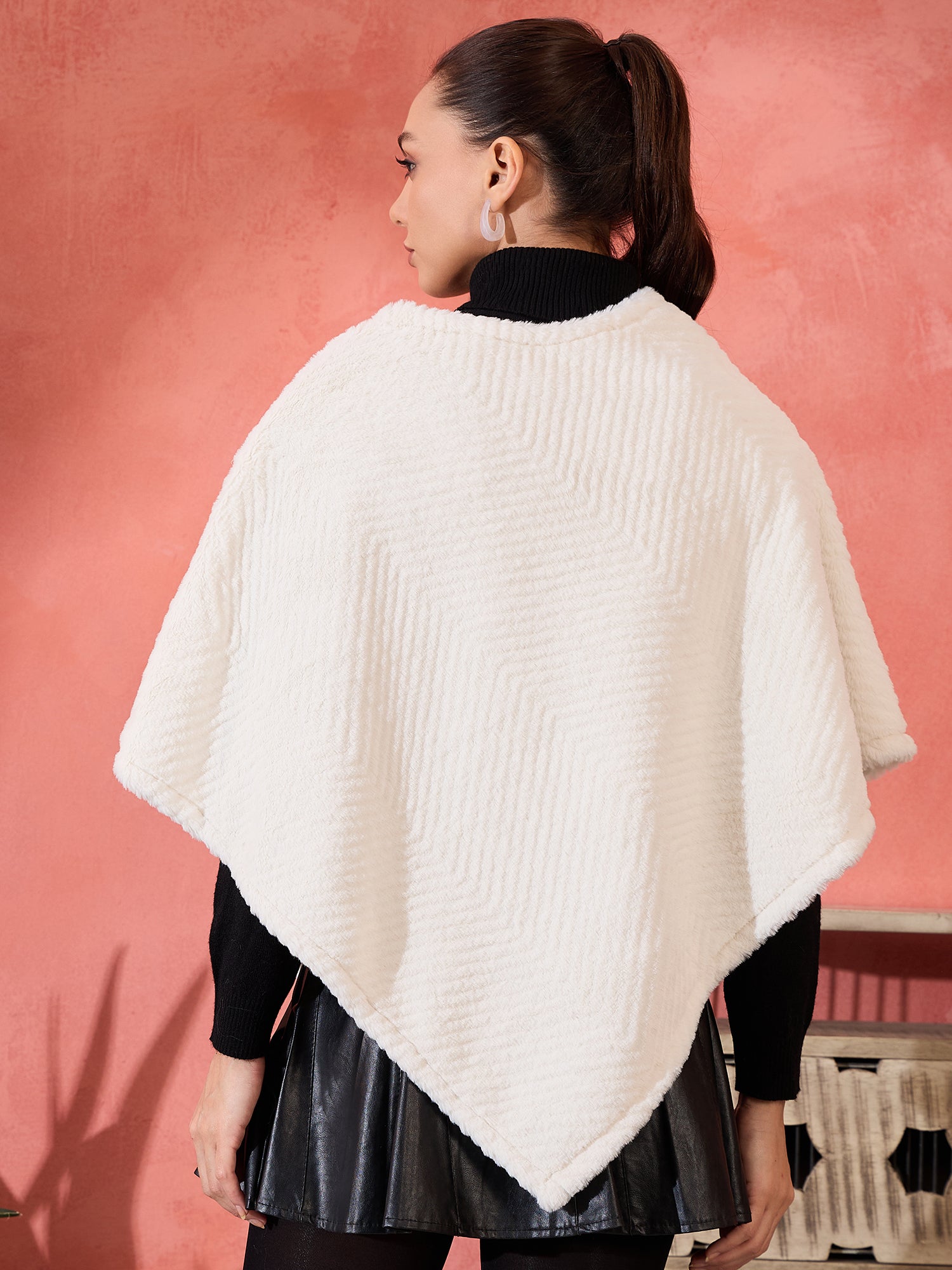 Cream Striped Rabbit Fur Poncho