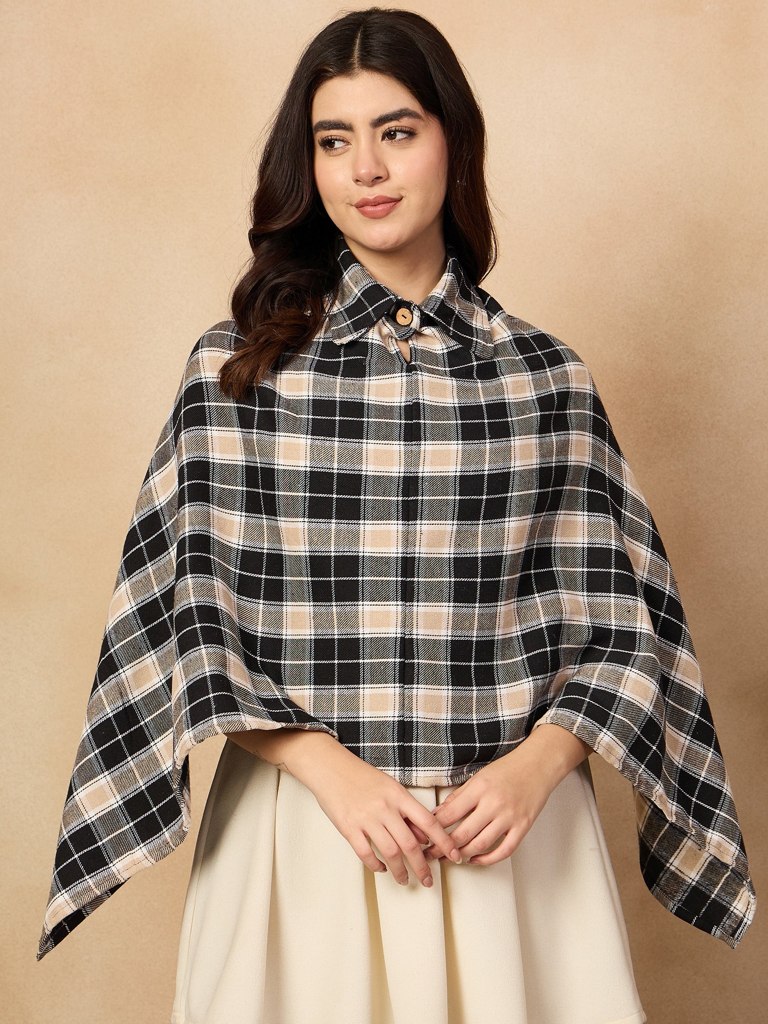 Black Beige Check Collar Poncho