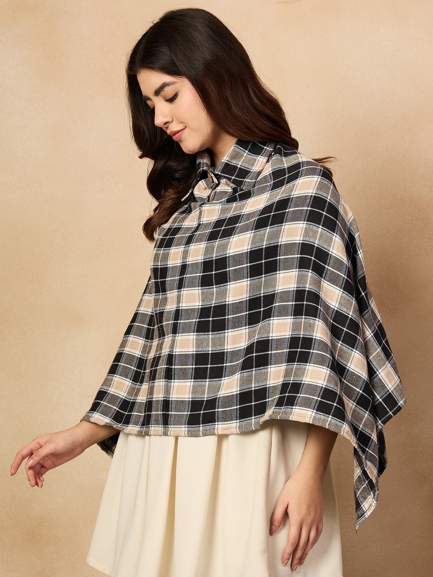 Black Beige Check Collar Poncho