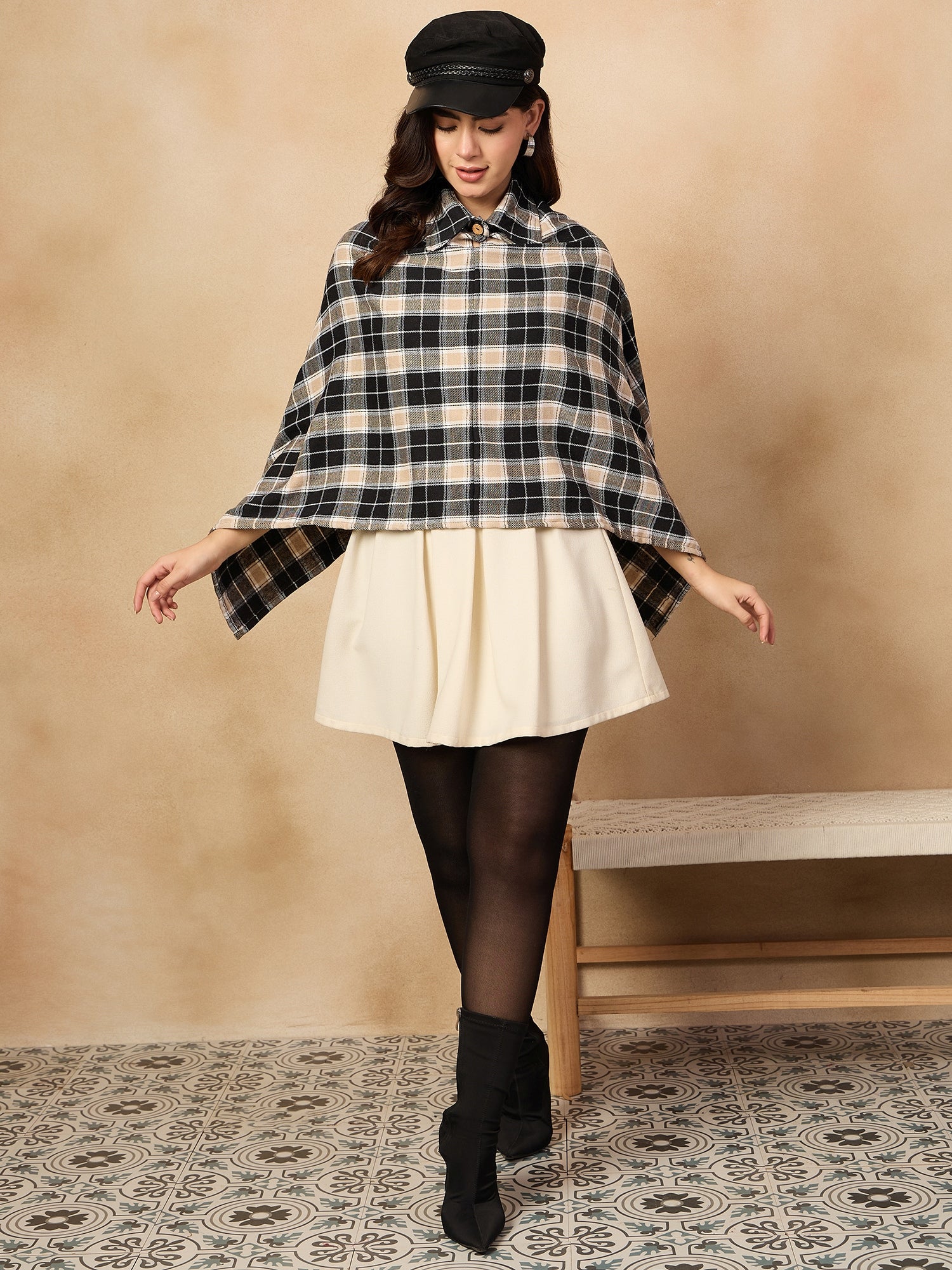 Black Beige Check Collar Poncho