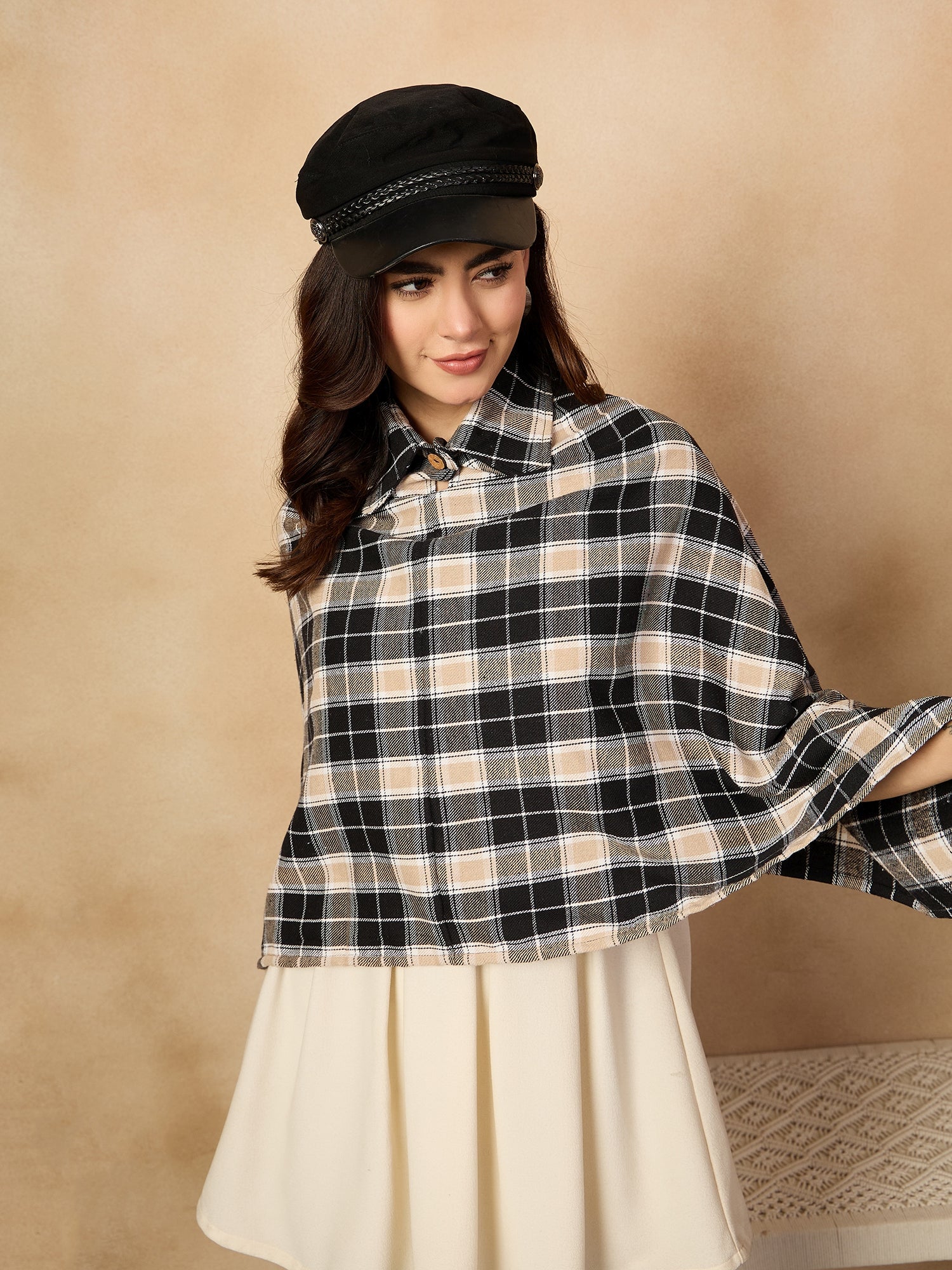 Black Beige Check Collar Poncho