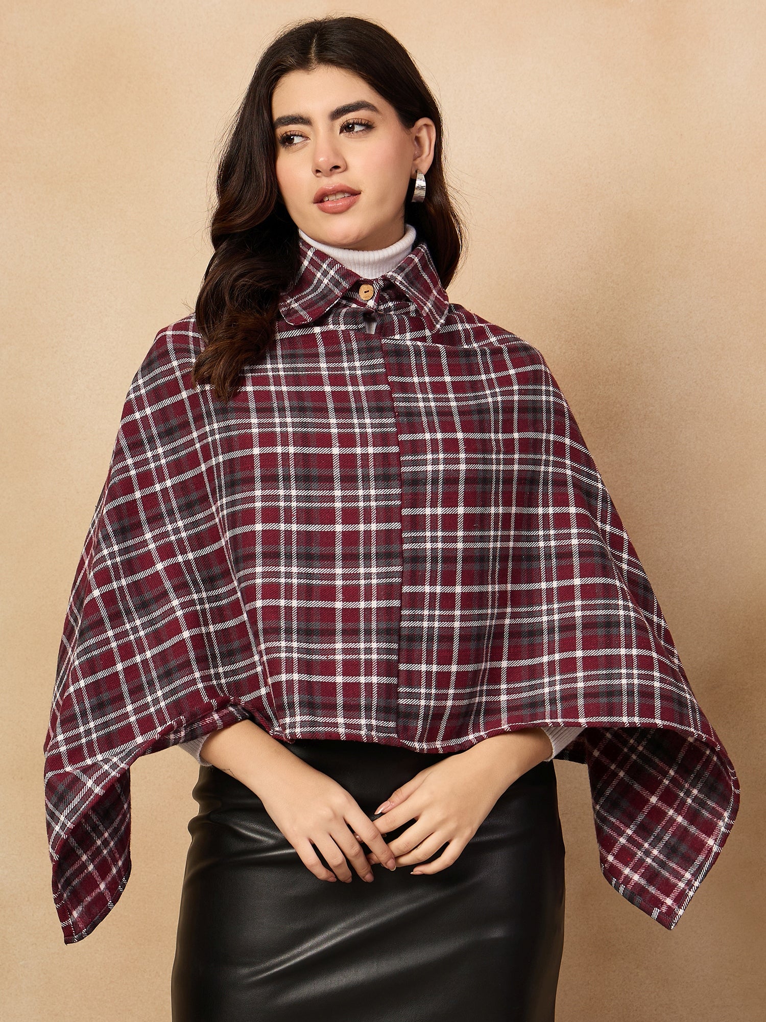 Burgundy Grey Check Collar Poncho