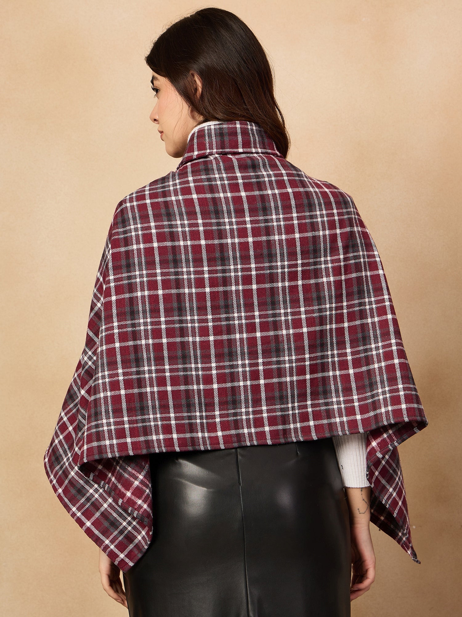 Burgundy Grey Check Collar Poncho