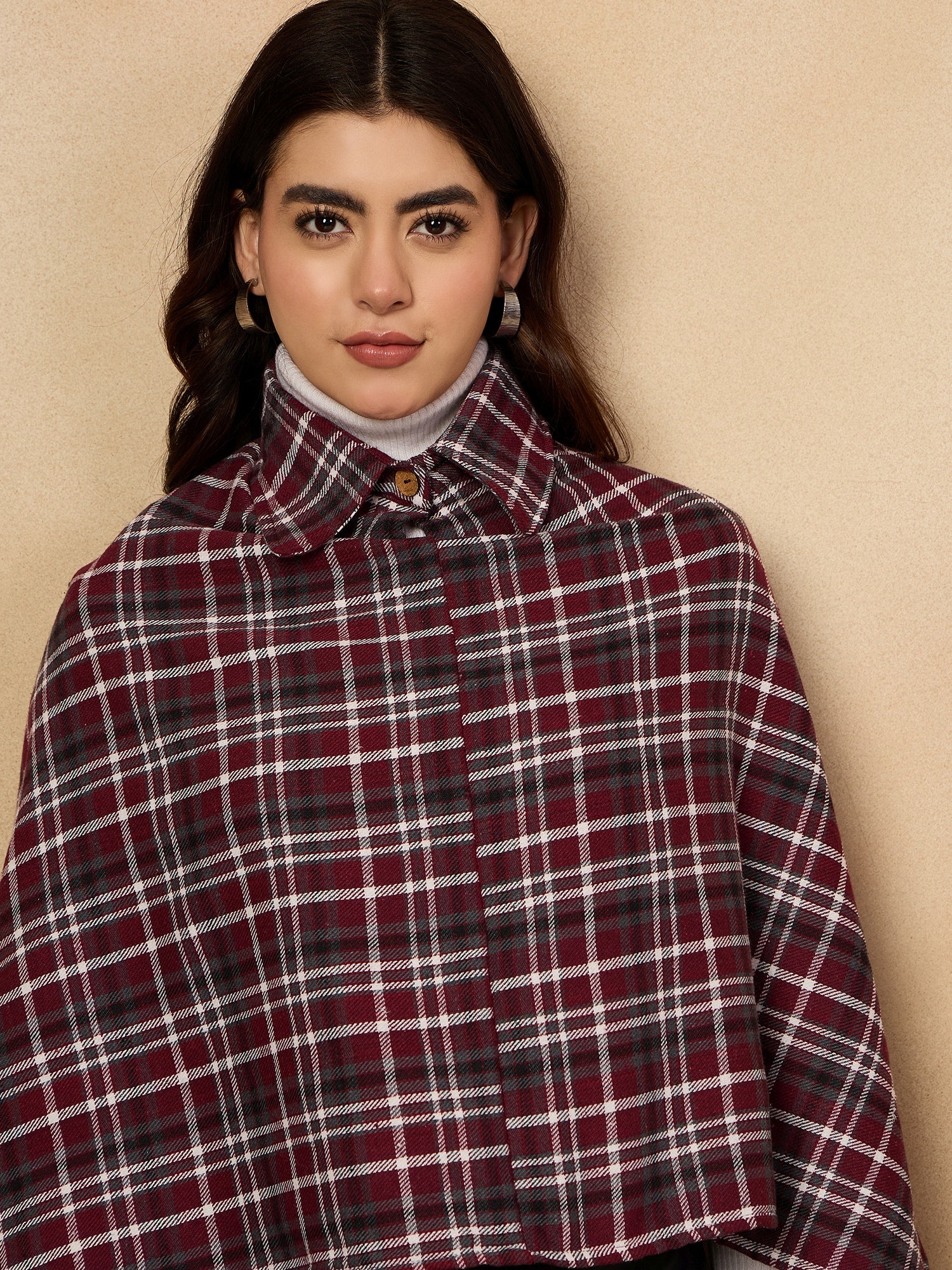 Burgundy Grey Check Collar Poncho