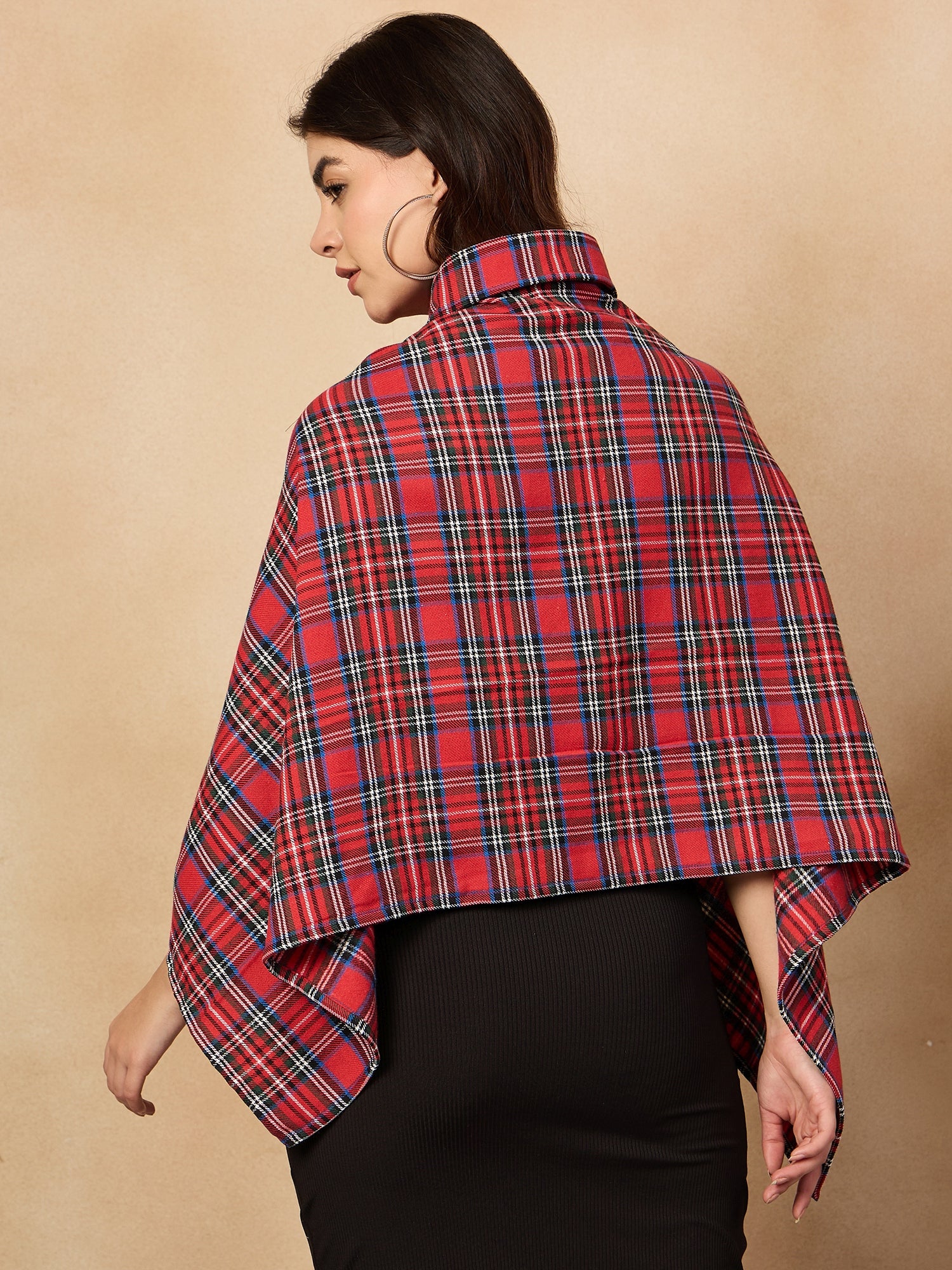 Red Green Check Collar Poncho