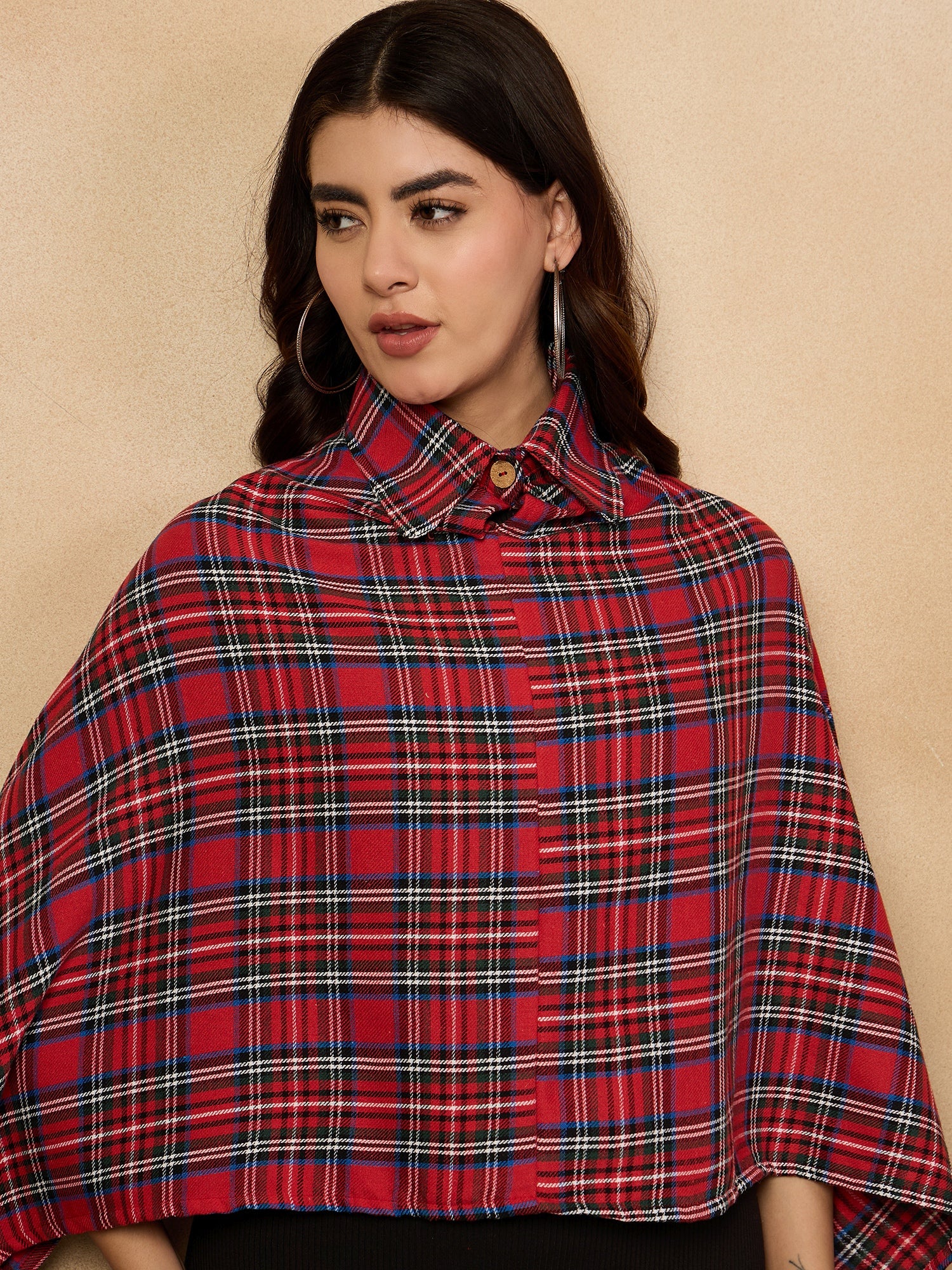 Red Green Check Collar Poncho