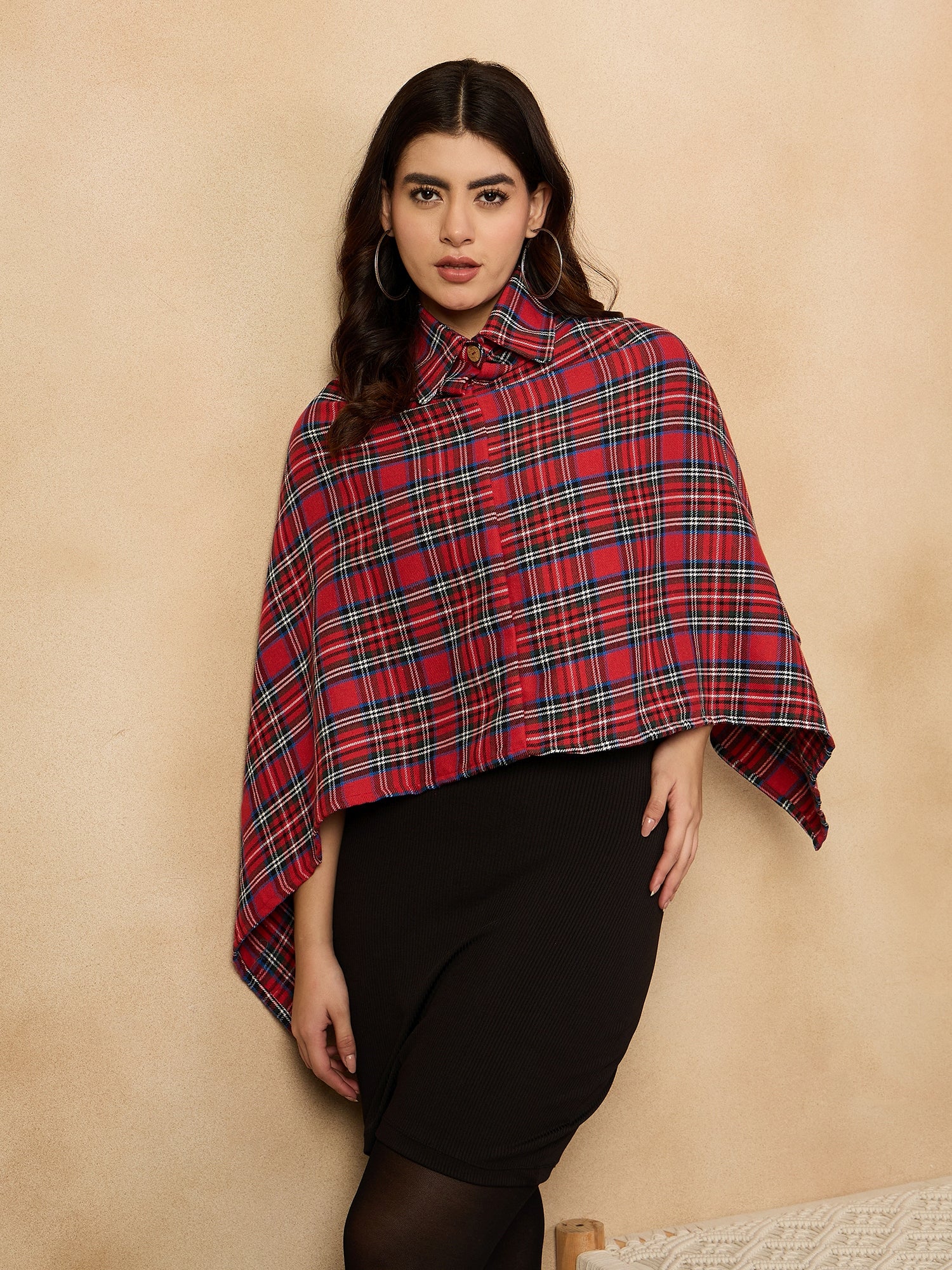 Red Green Check Collar Poncho