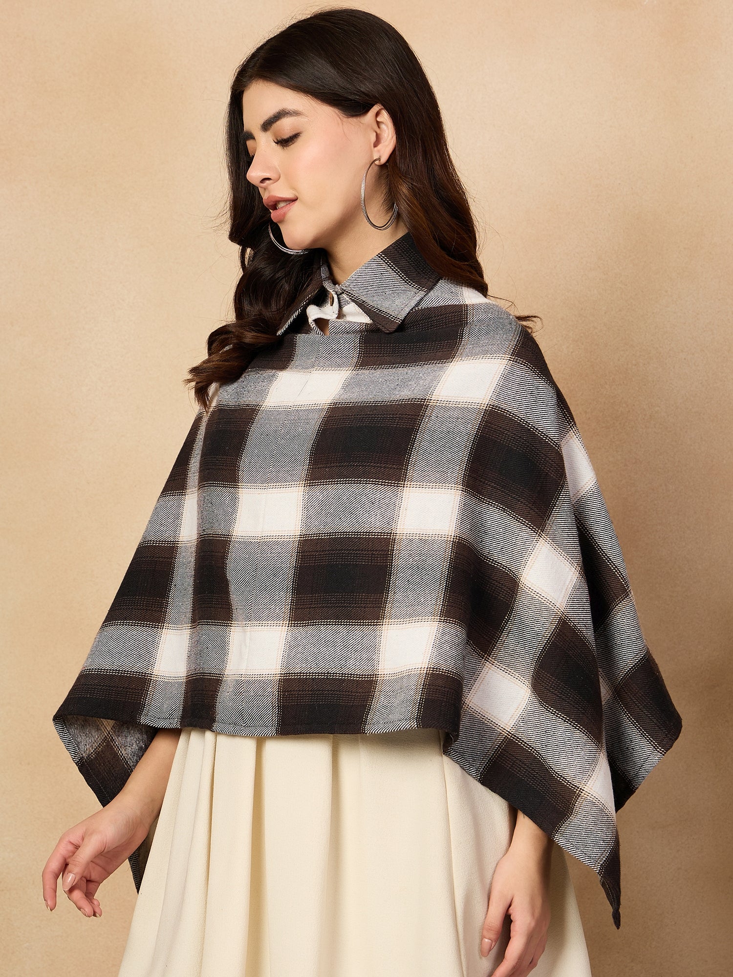 Brown White Check Collar Poncho