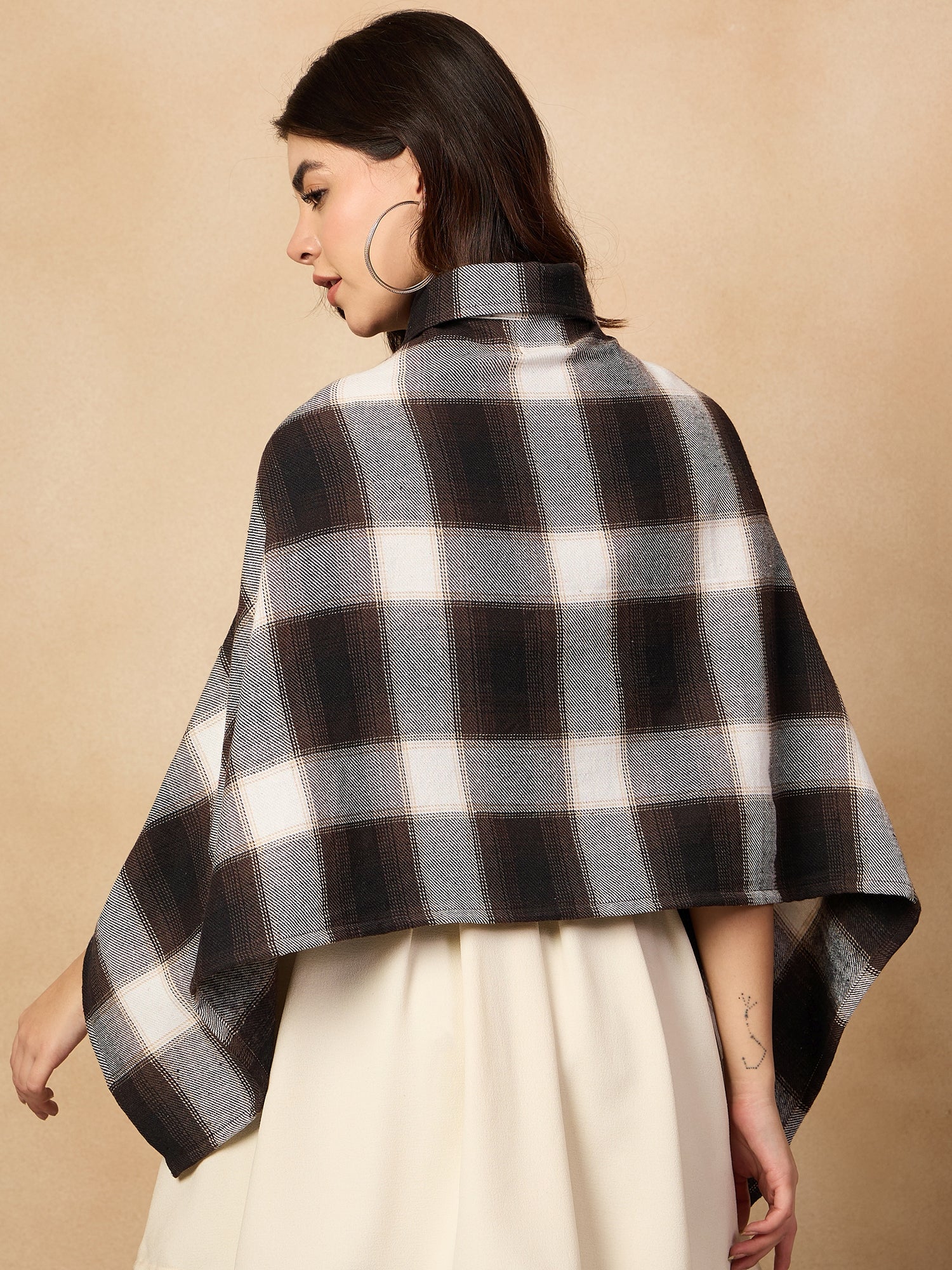 Brown White Check Collar Poncho