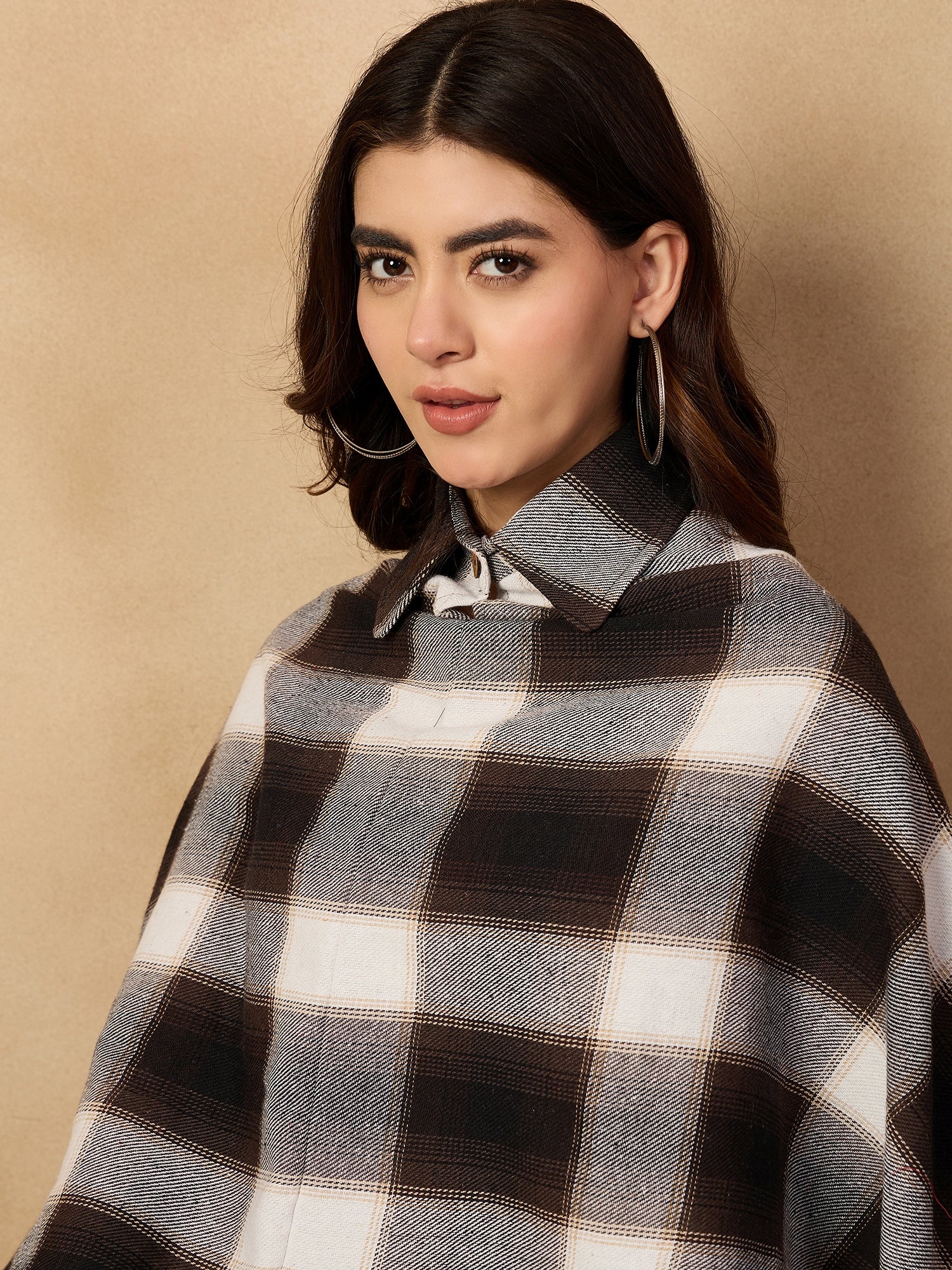 Brown White Check Collar Poncho