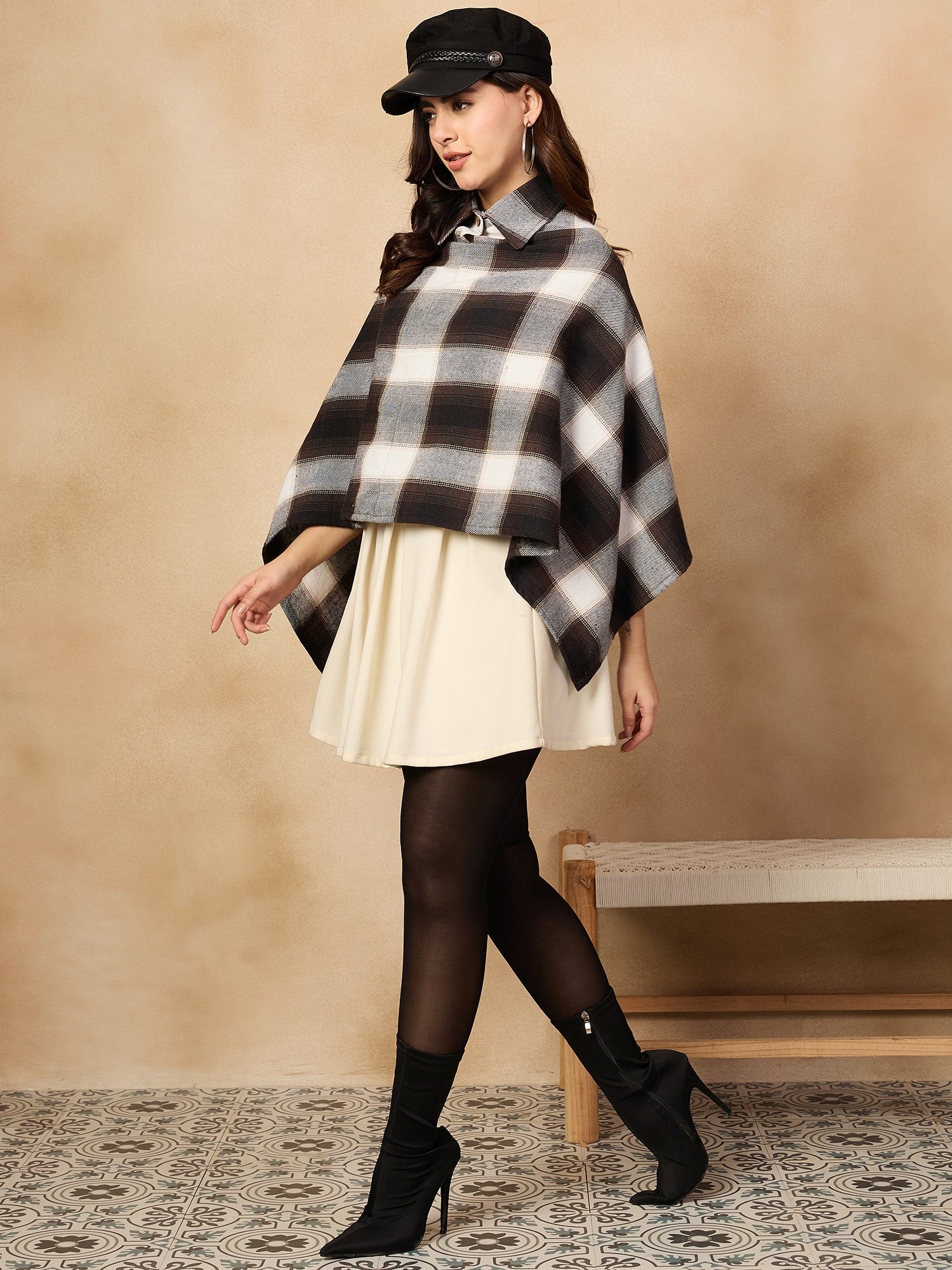 Brown White Check Collar Poncho