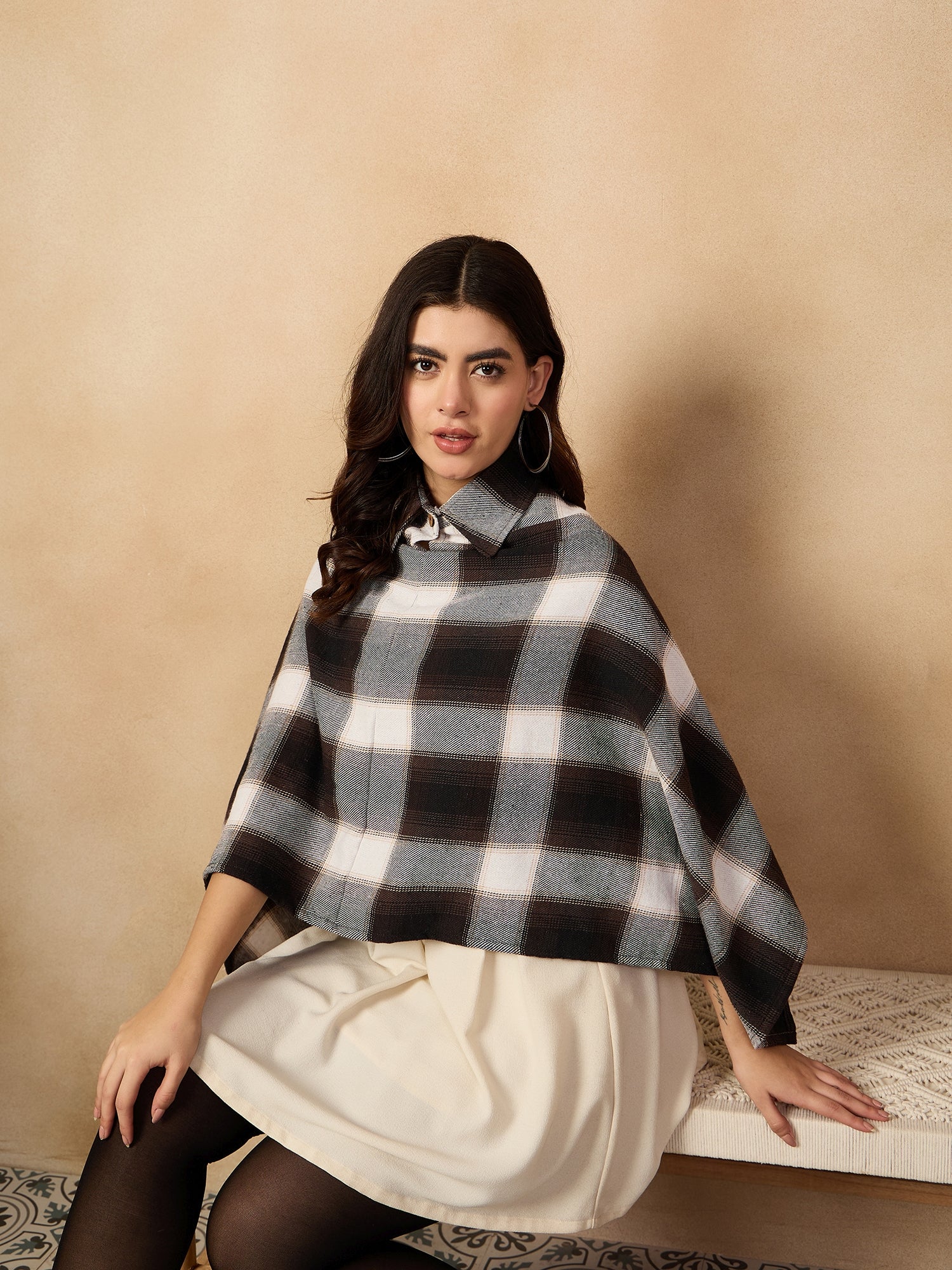 Brown White Check Collar Poncho