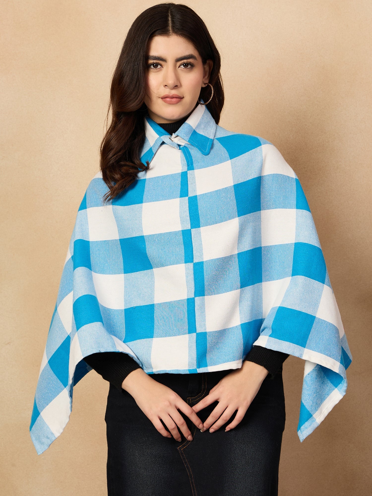 Cyan Blue White Check Collar Poncho