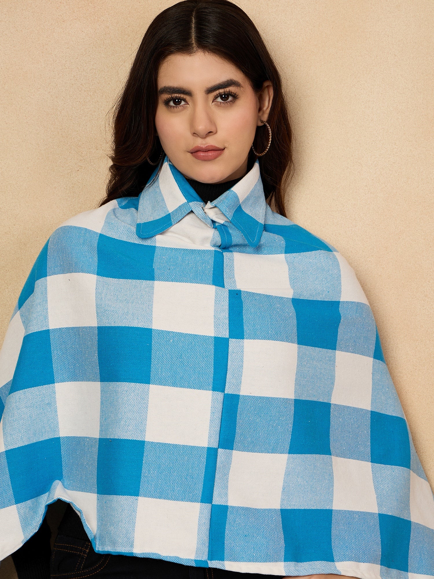 Cyan Blue White Check Collar Poncho