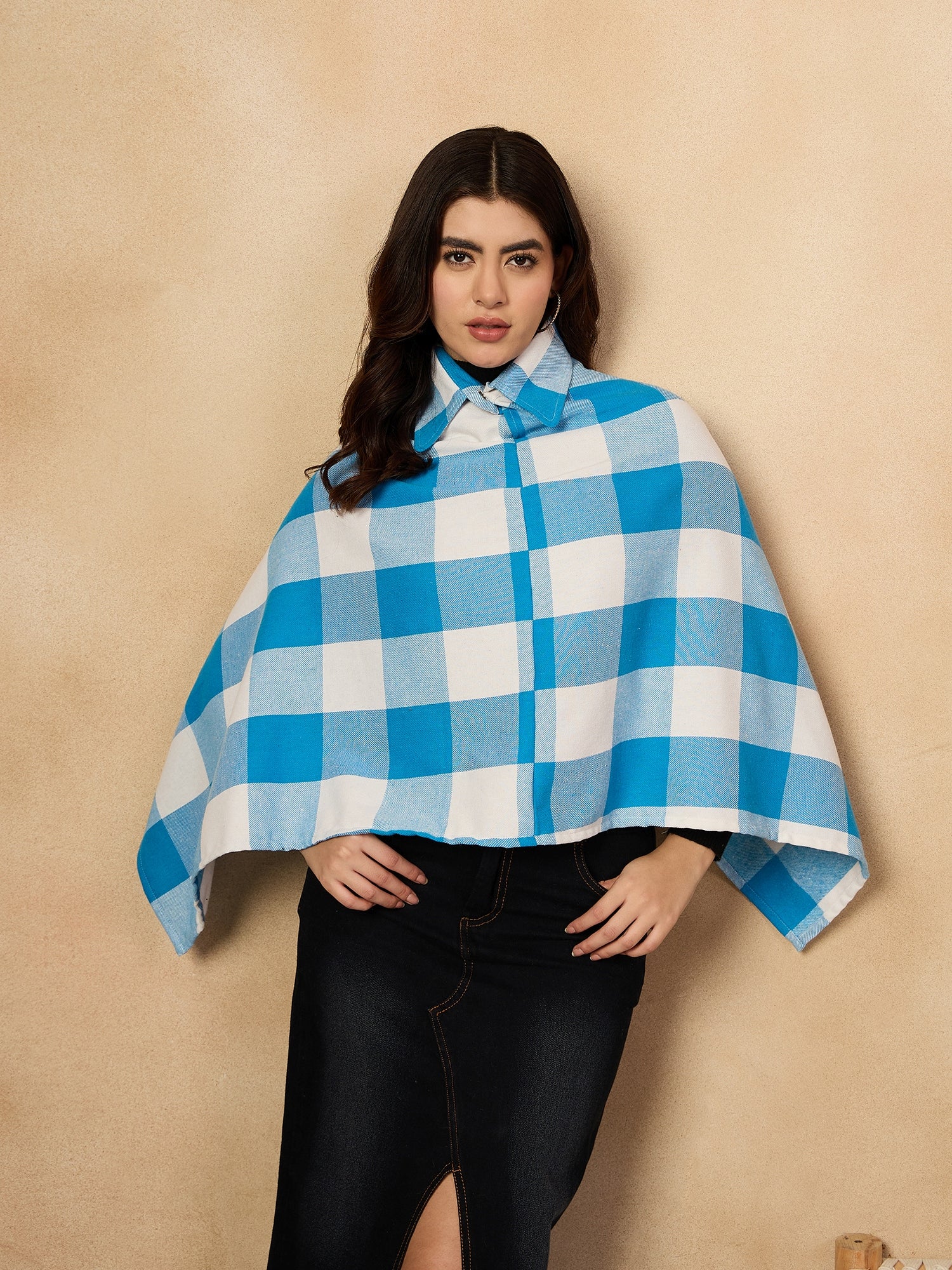 Cyan Blue White Check Collar Poncho