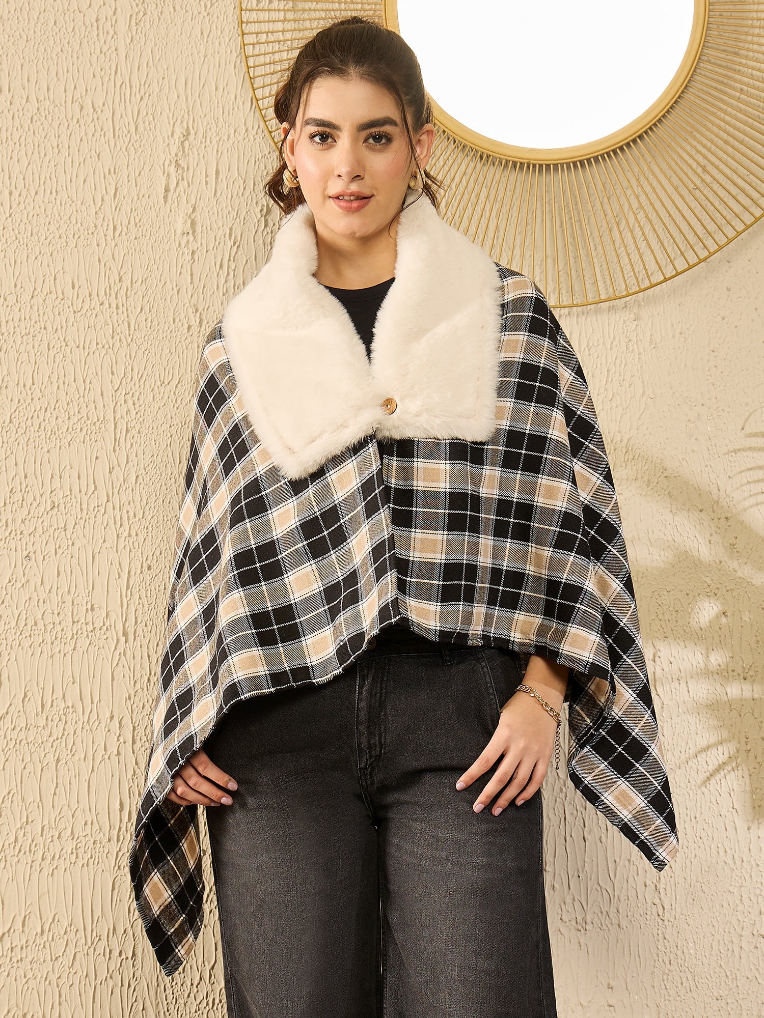 Black Beige Check Cream Fur Poncho