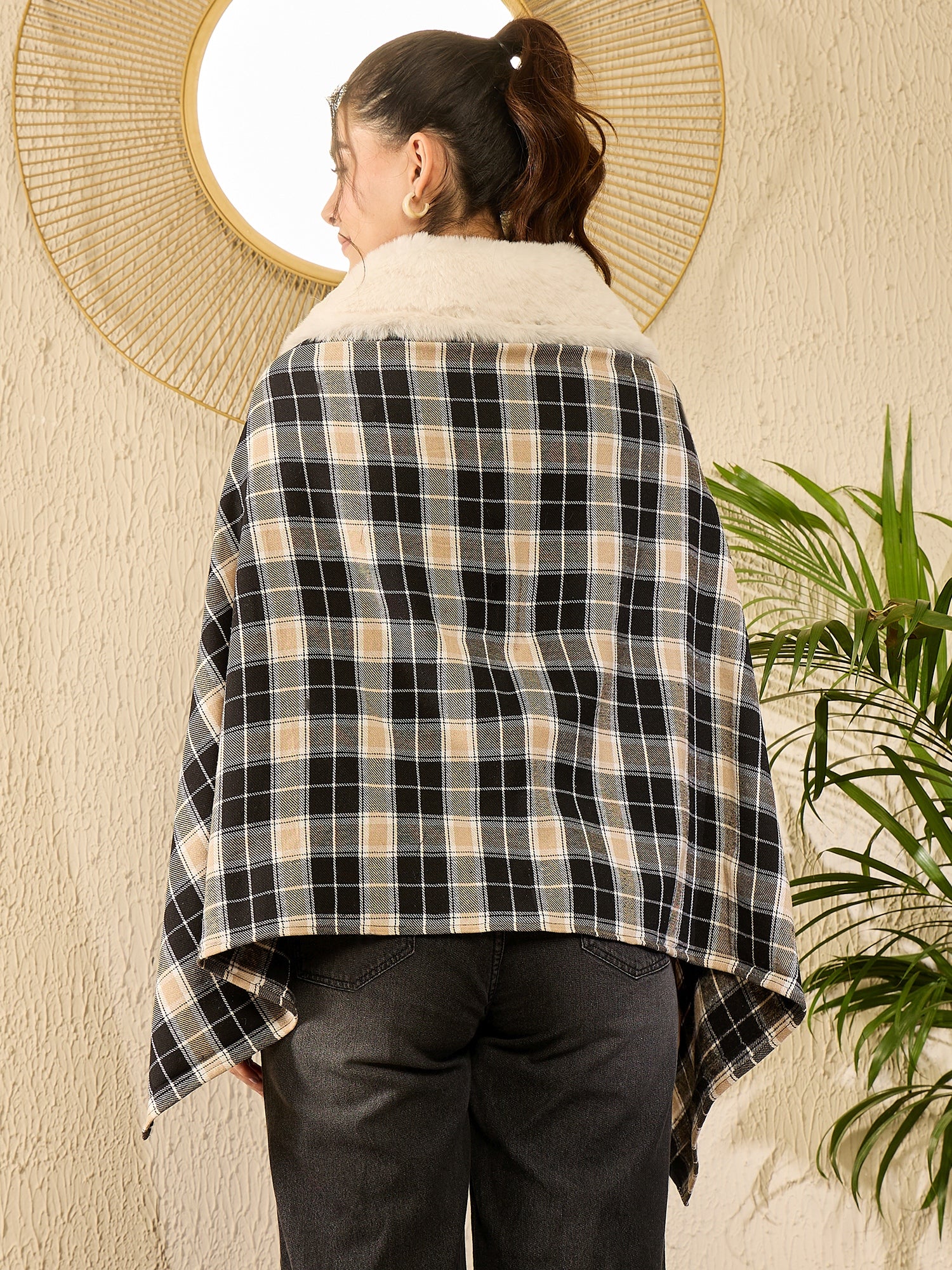 Black Beige Check Cream Fur Poncho