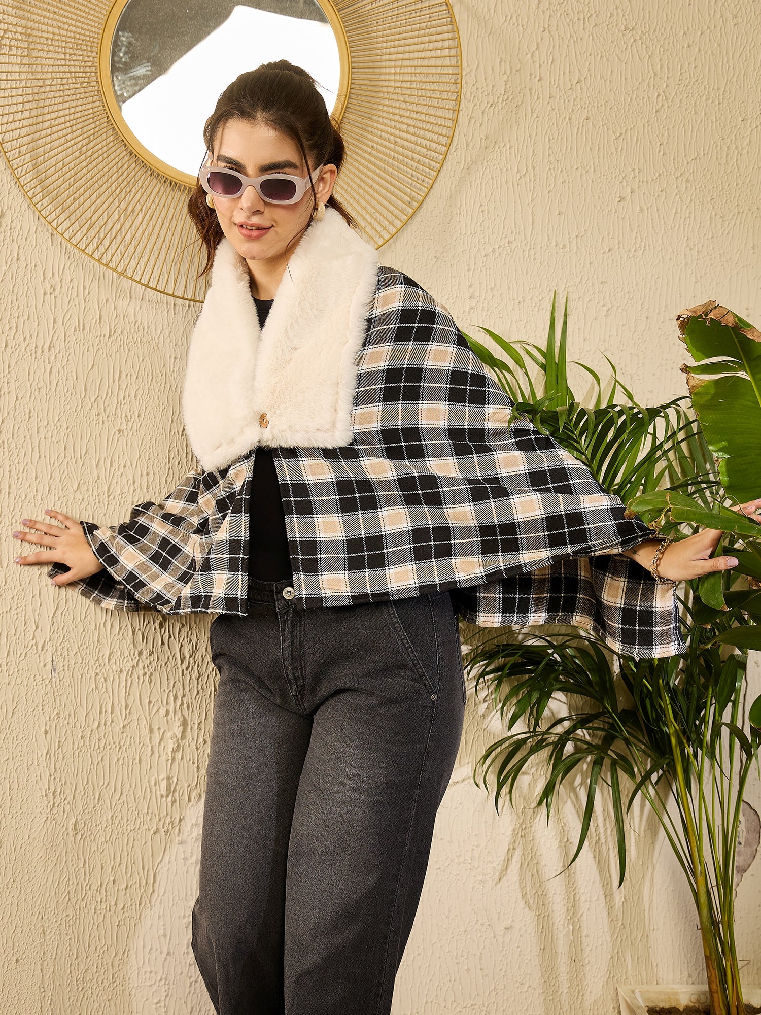 Black Beige Check Cream Fur Poncho