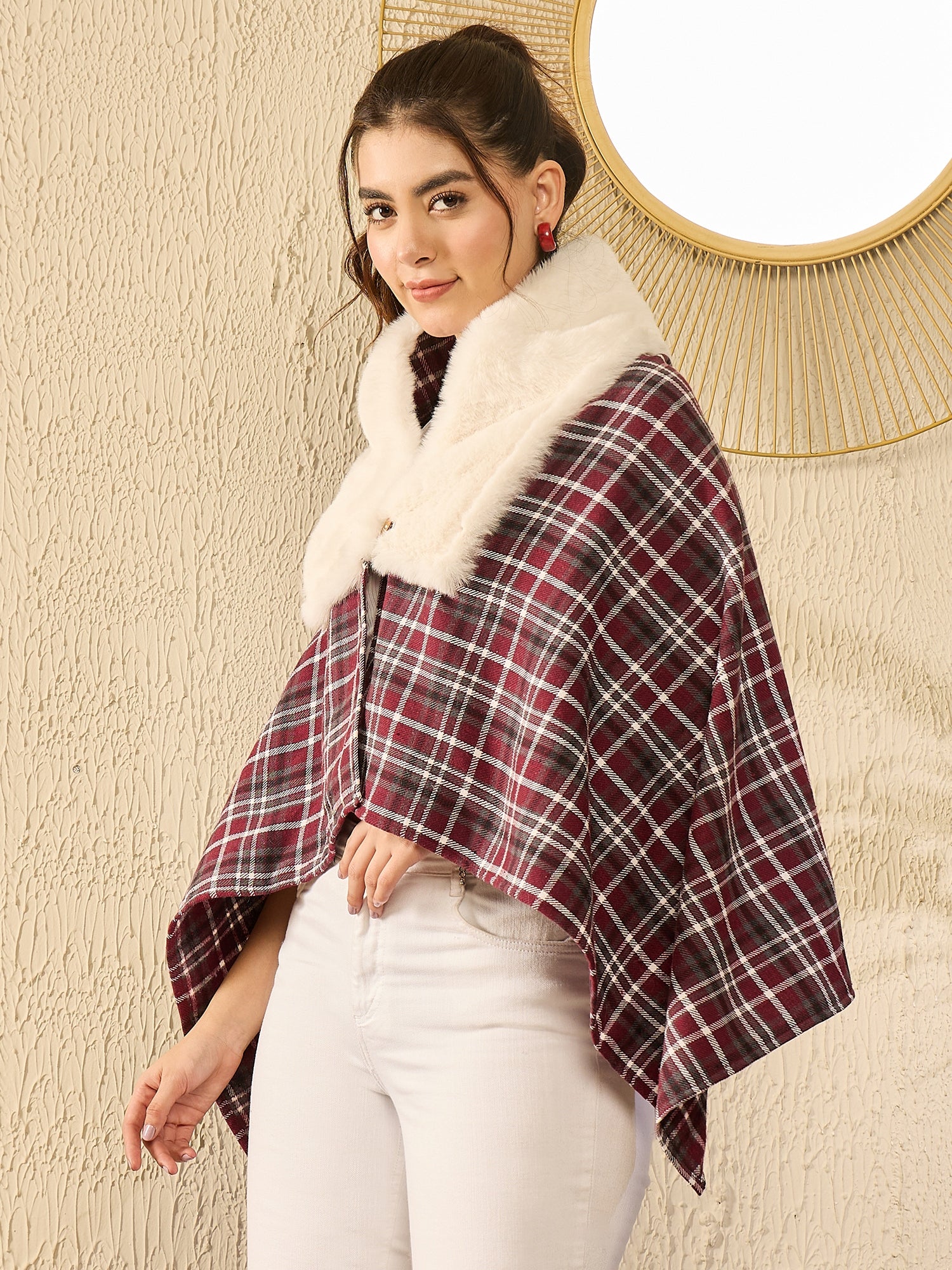 Burgundy Grey Check Cream Fur Poncho