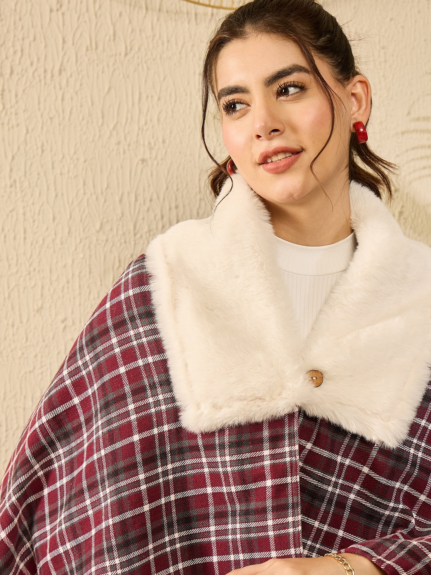 Burgundy Grey Check Cream Fur Poncho