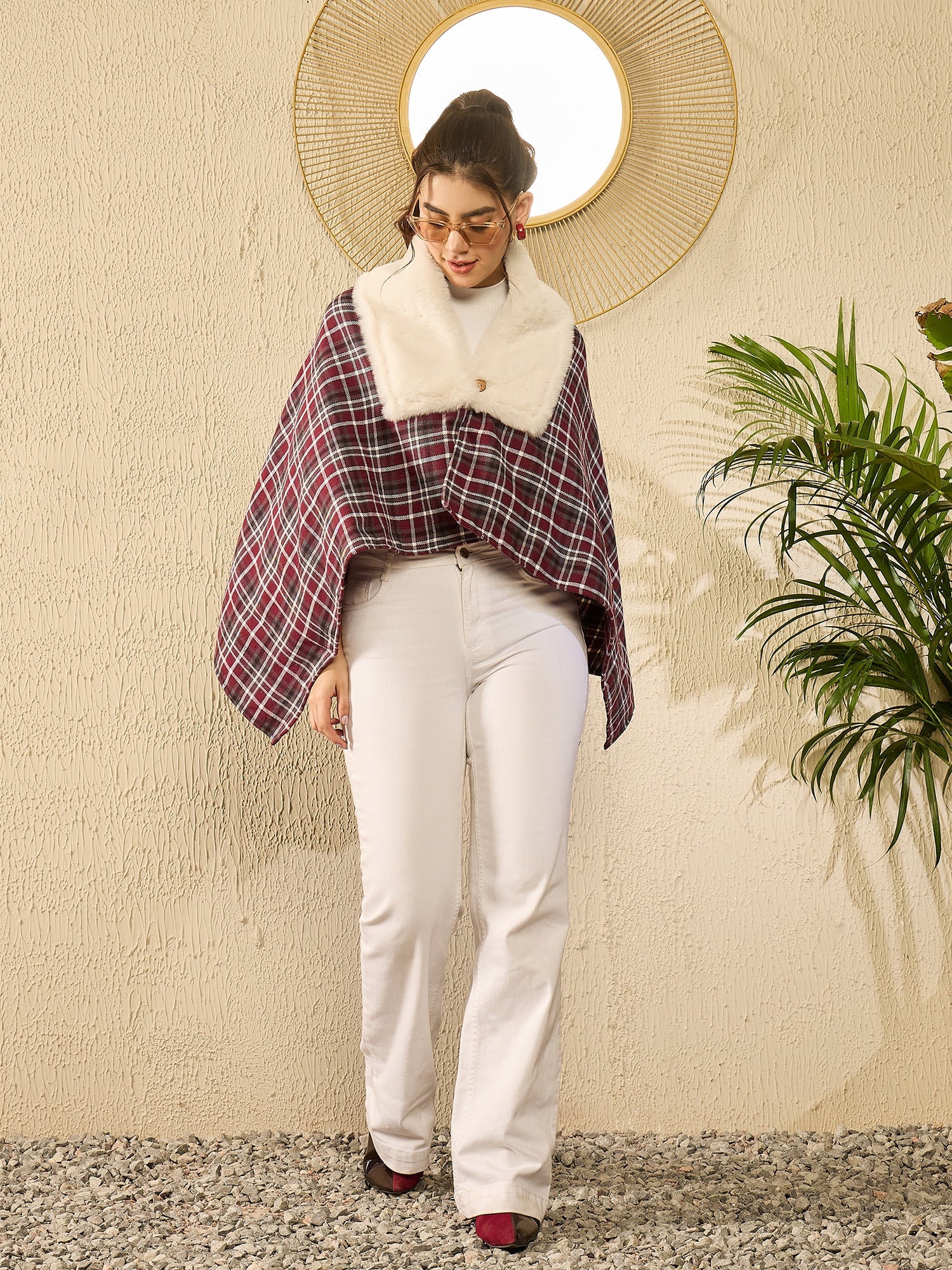 Burgundy Grey Check Cream Fur Poncho