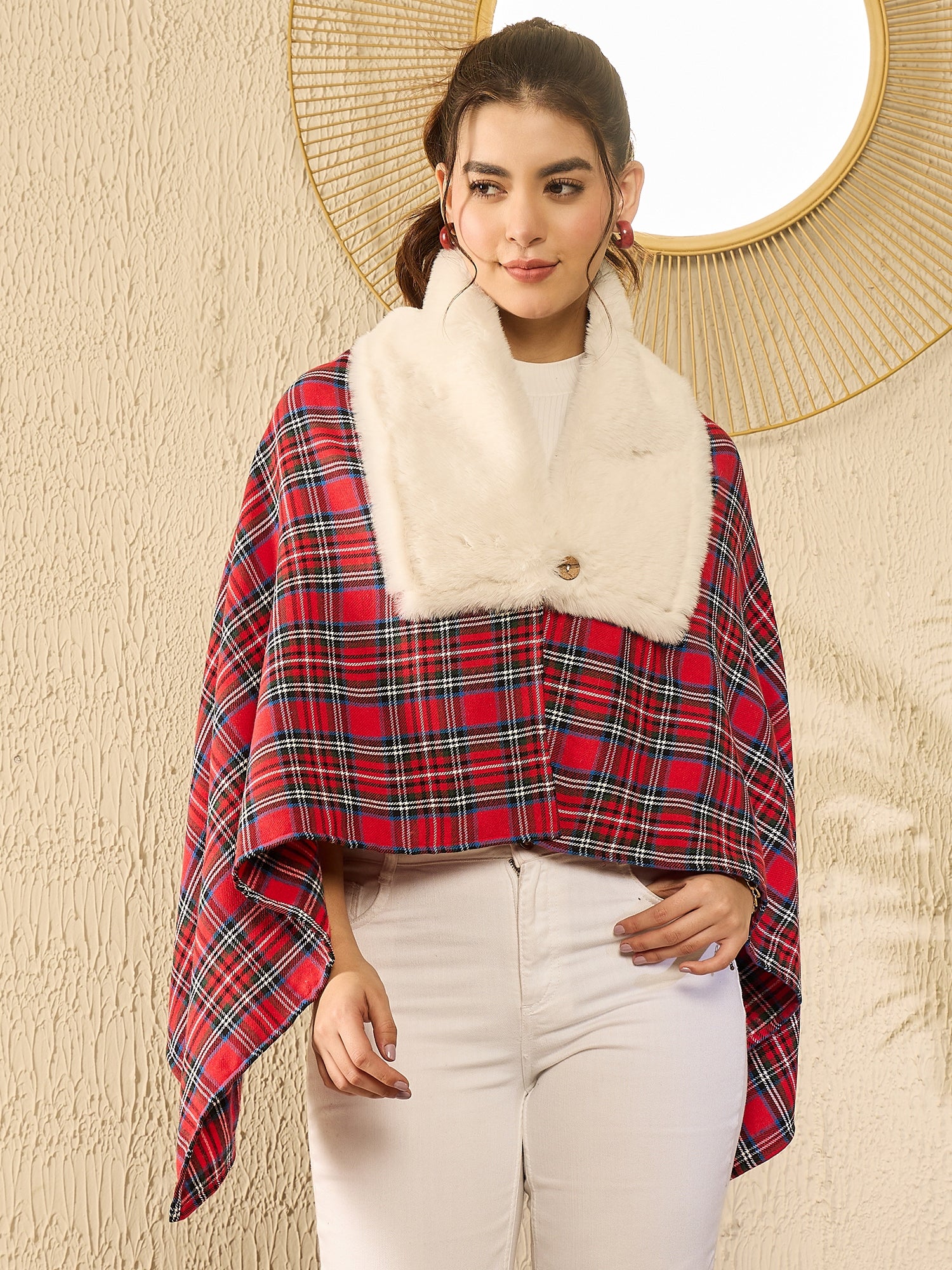 Red Green Check Cream Fur Poncho