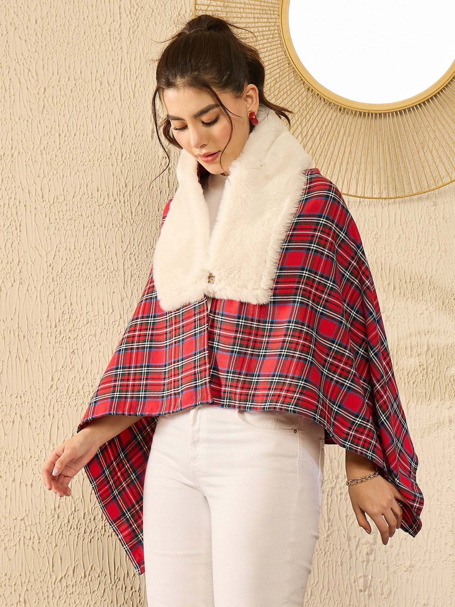 Red Green Check Cream Fur Poncho